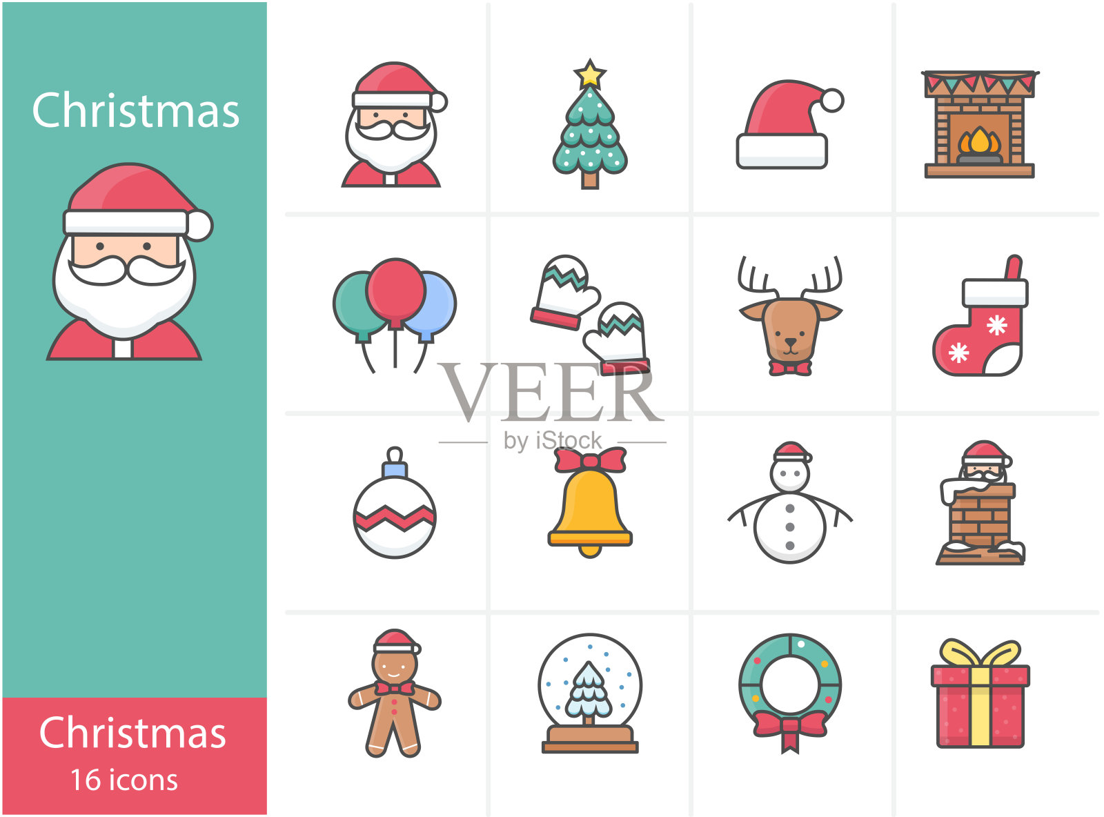 圣诞节彩色图标集，矢量图和插图插画图片素材
