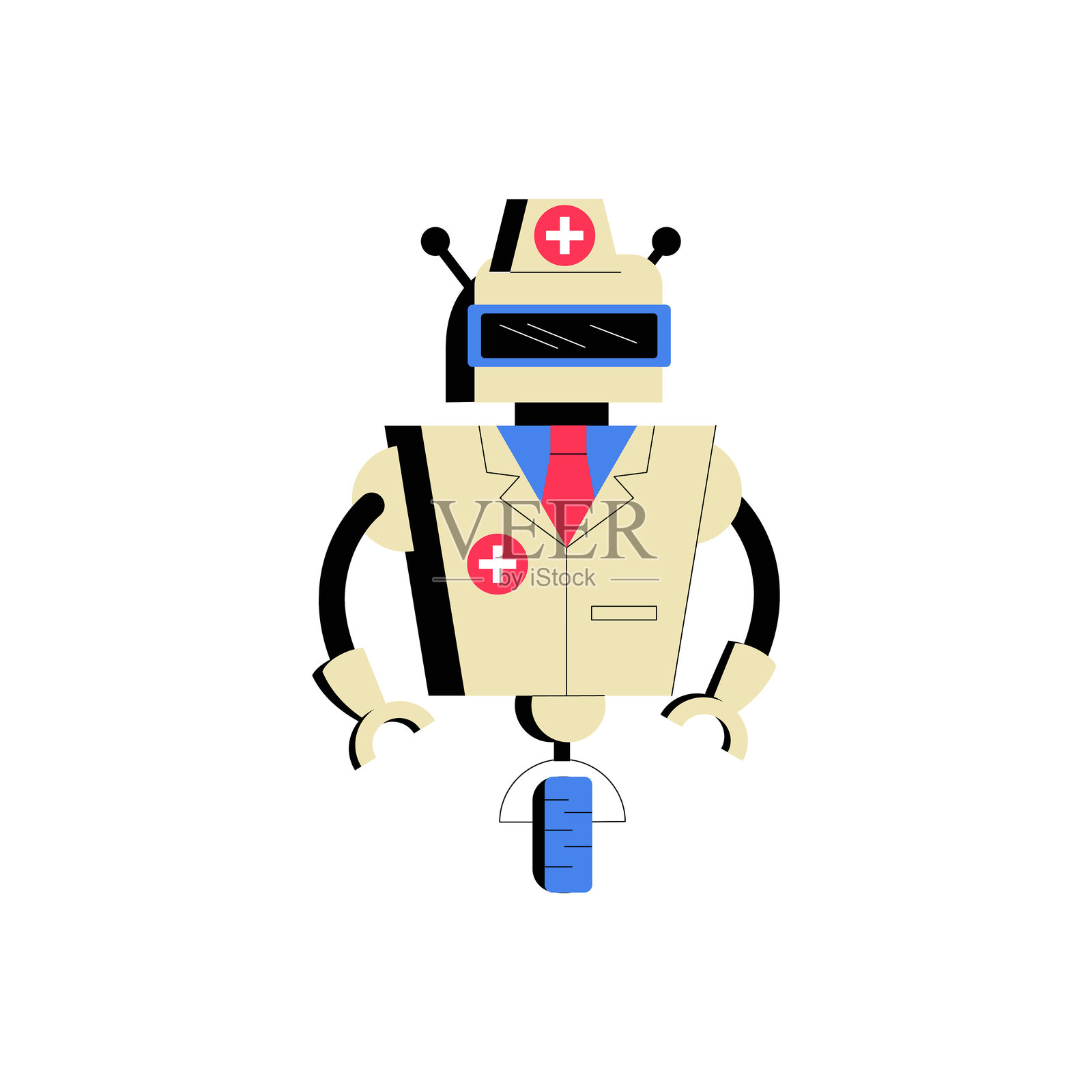 象征医疗、科技和自动化的平面矢量插图中的机器人医疗助手，背景为白色。插画图片素材