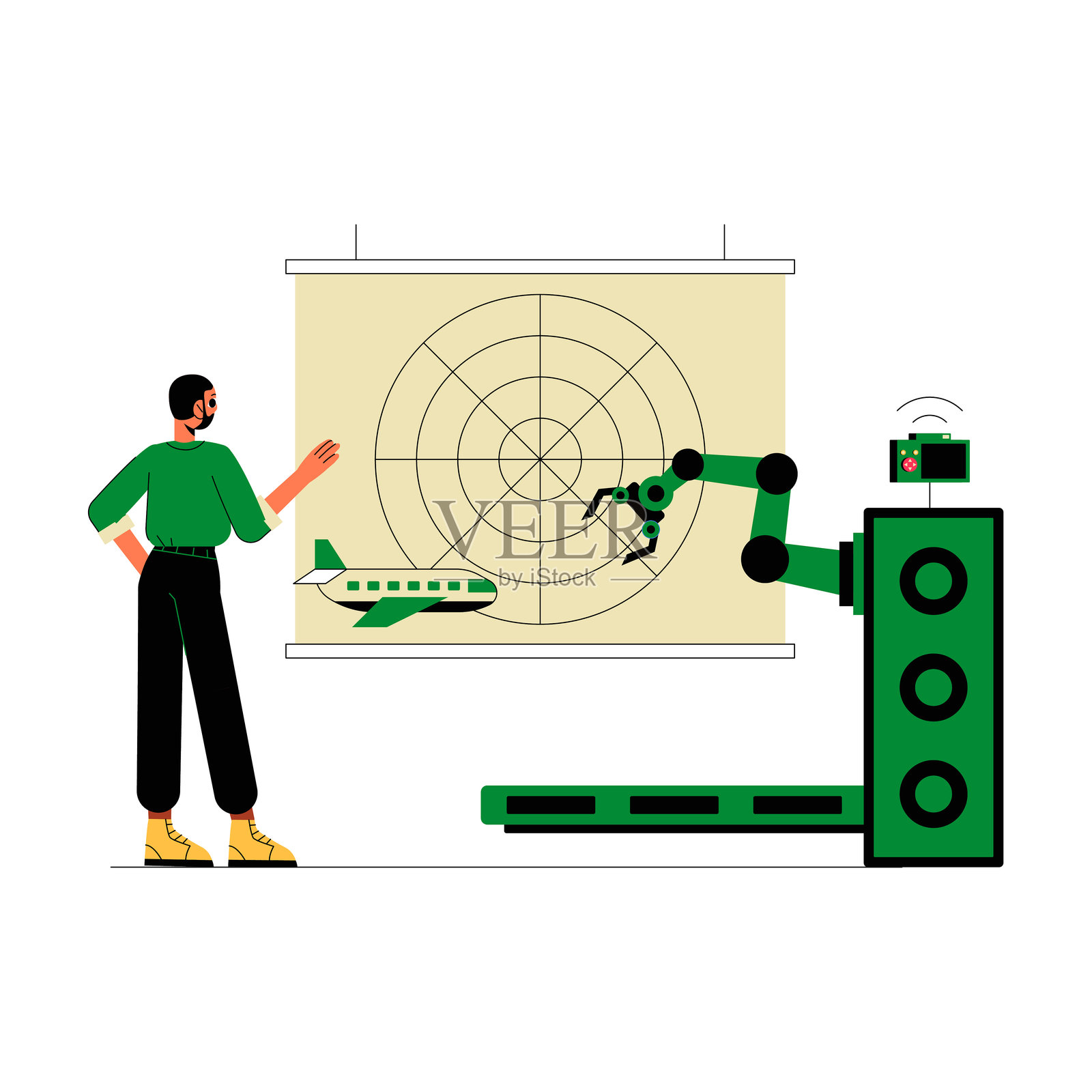 机器人辅助飞行规划，配有雷达屏幕和男性角色的扁平矢量插图，象征着航空、技术和自动化，背景为白色。插画图片素材