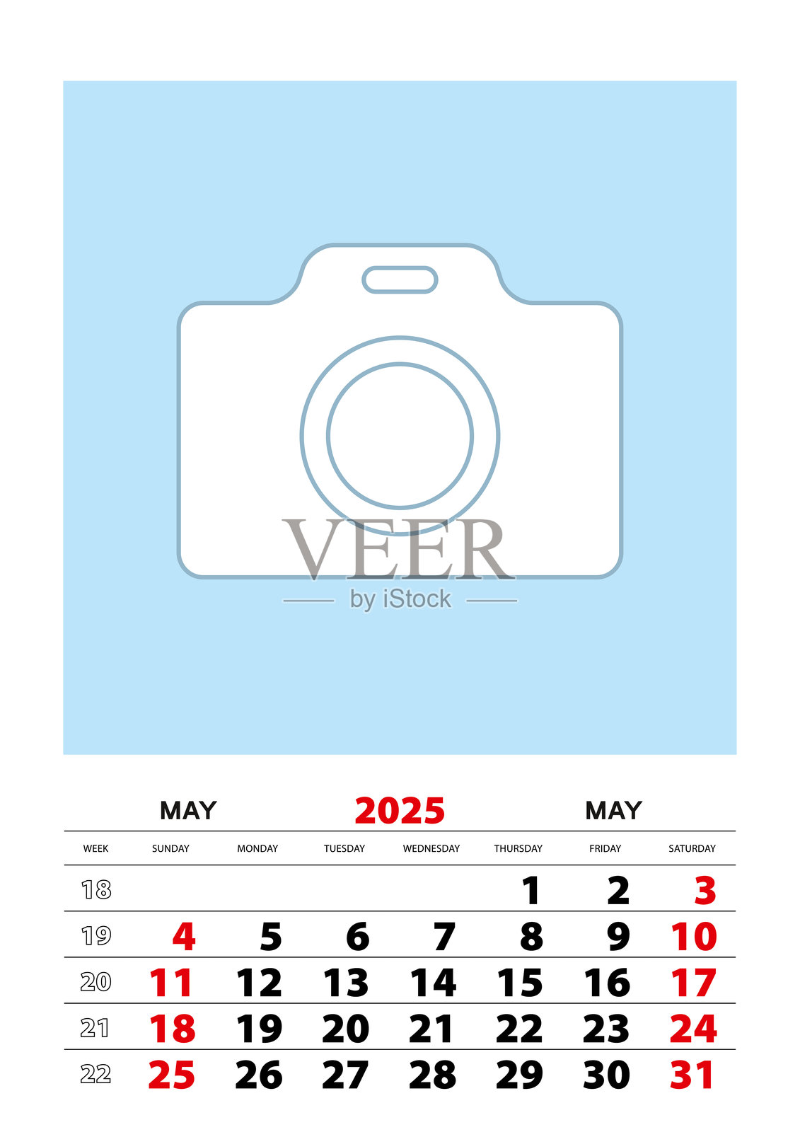 2025年5月日历规划器，A3尺寸，带有放置照片的地方。插画图片素材