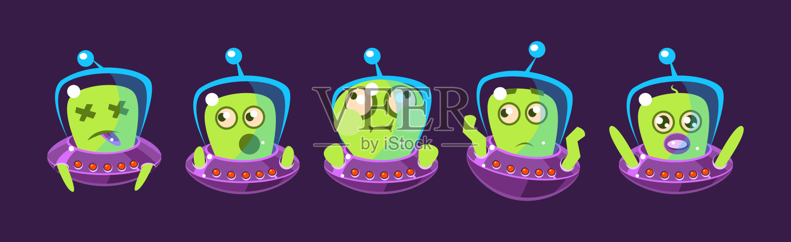 有天线的幽默绿色外星人在飞碟中的矢量图集插画图片素材