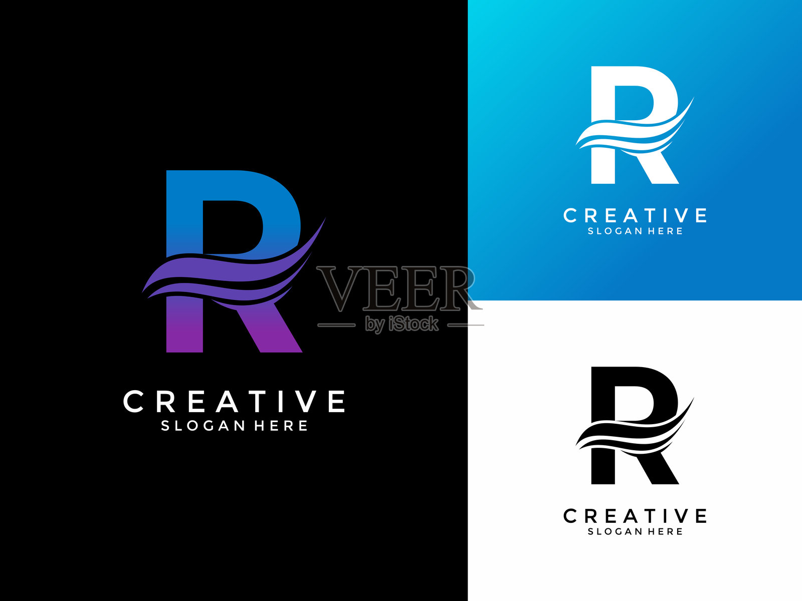 字母R专业logo，适用于各种业务，带有弯曲线或翅膀的字母R logo设计矢量模板插画图片素材