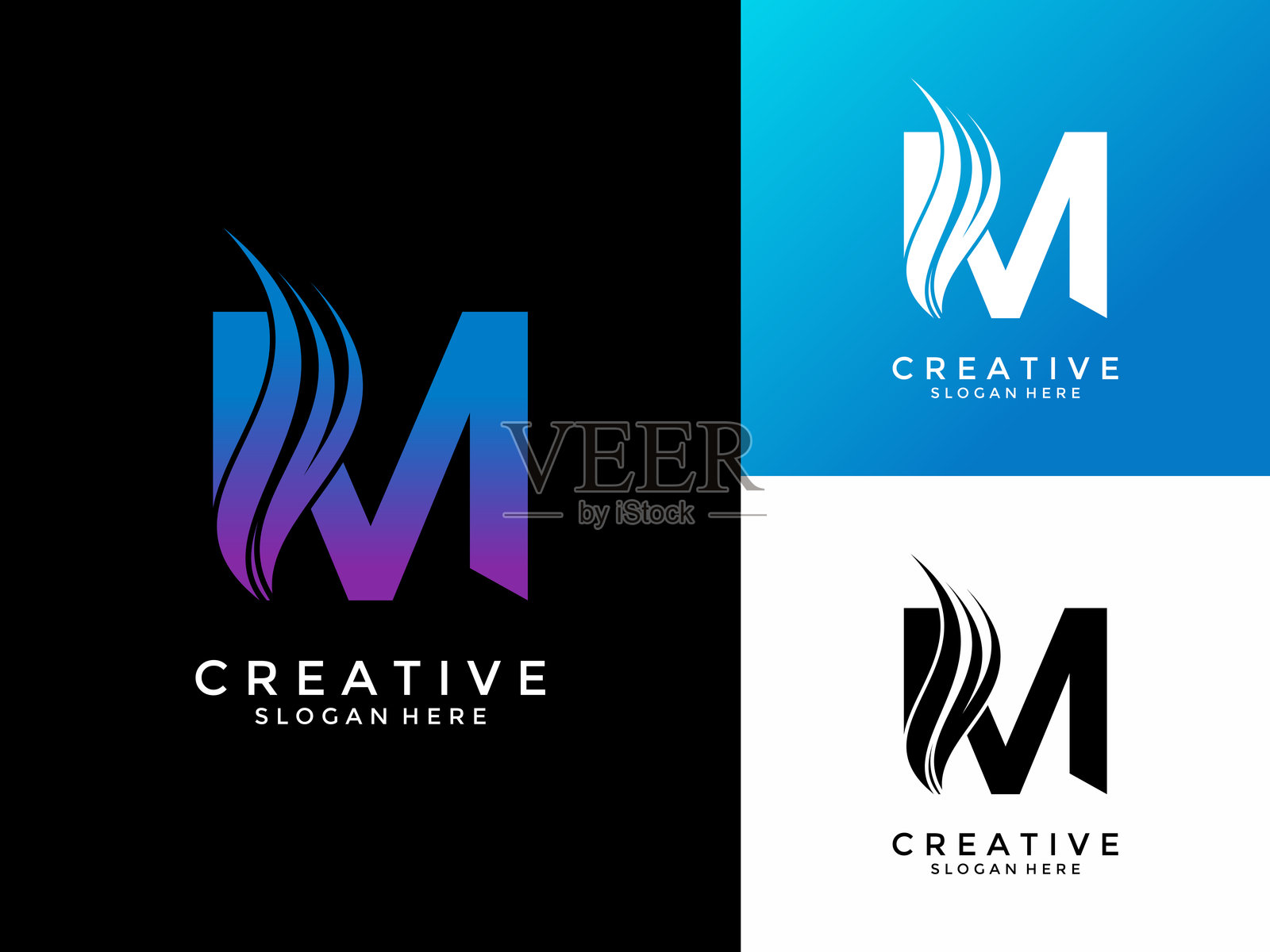 字母M专业logo，适用于各种业务，带有弯曲线或翅膀的字母M logo设计矢量模板插画图片素材