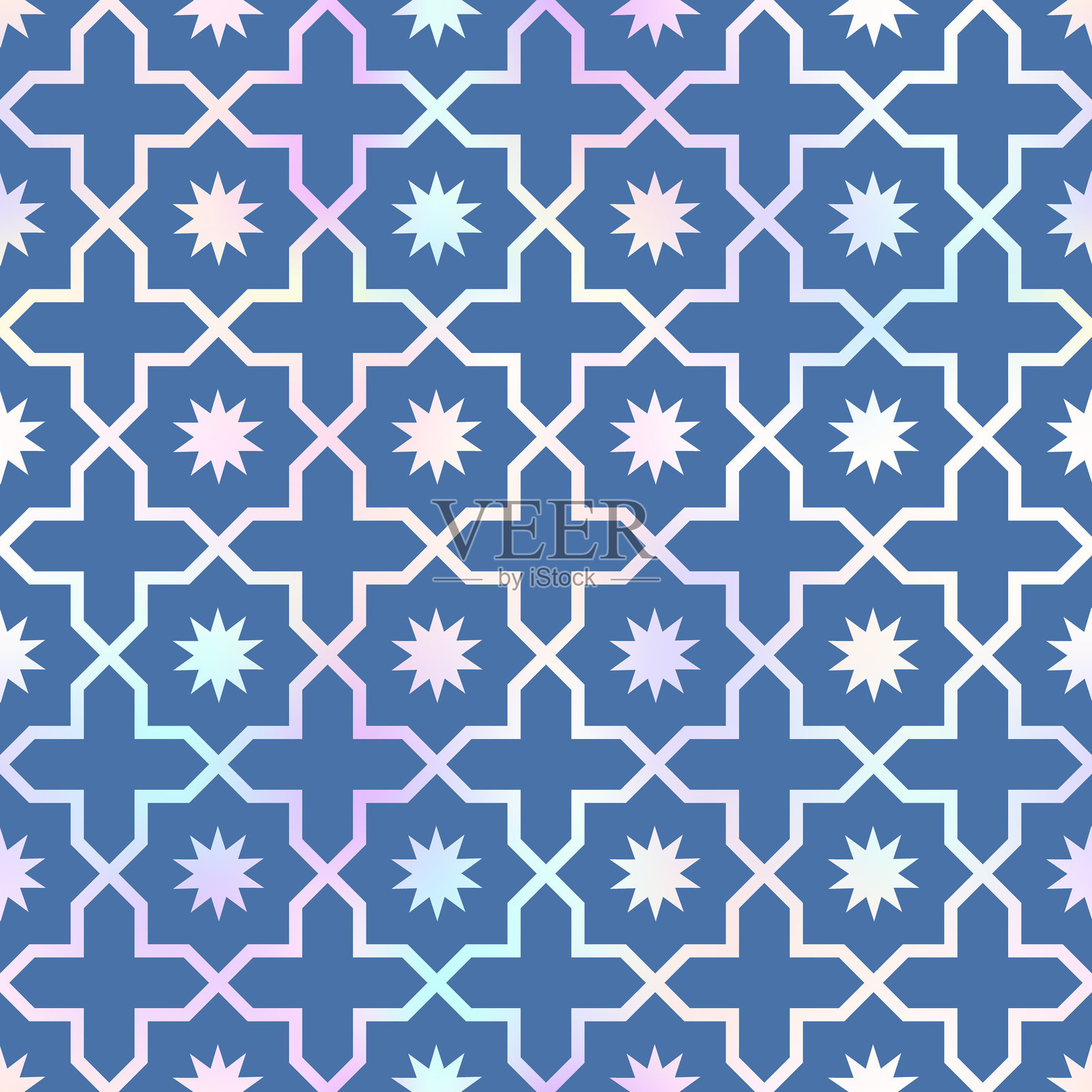 东方风格无缝图案。蓝色背景上的矢量全息箔装饰。用于背景、壁纸、纺织图案和装饰的伊斯兰传统纹理。插画图片素材