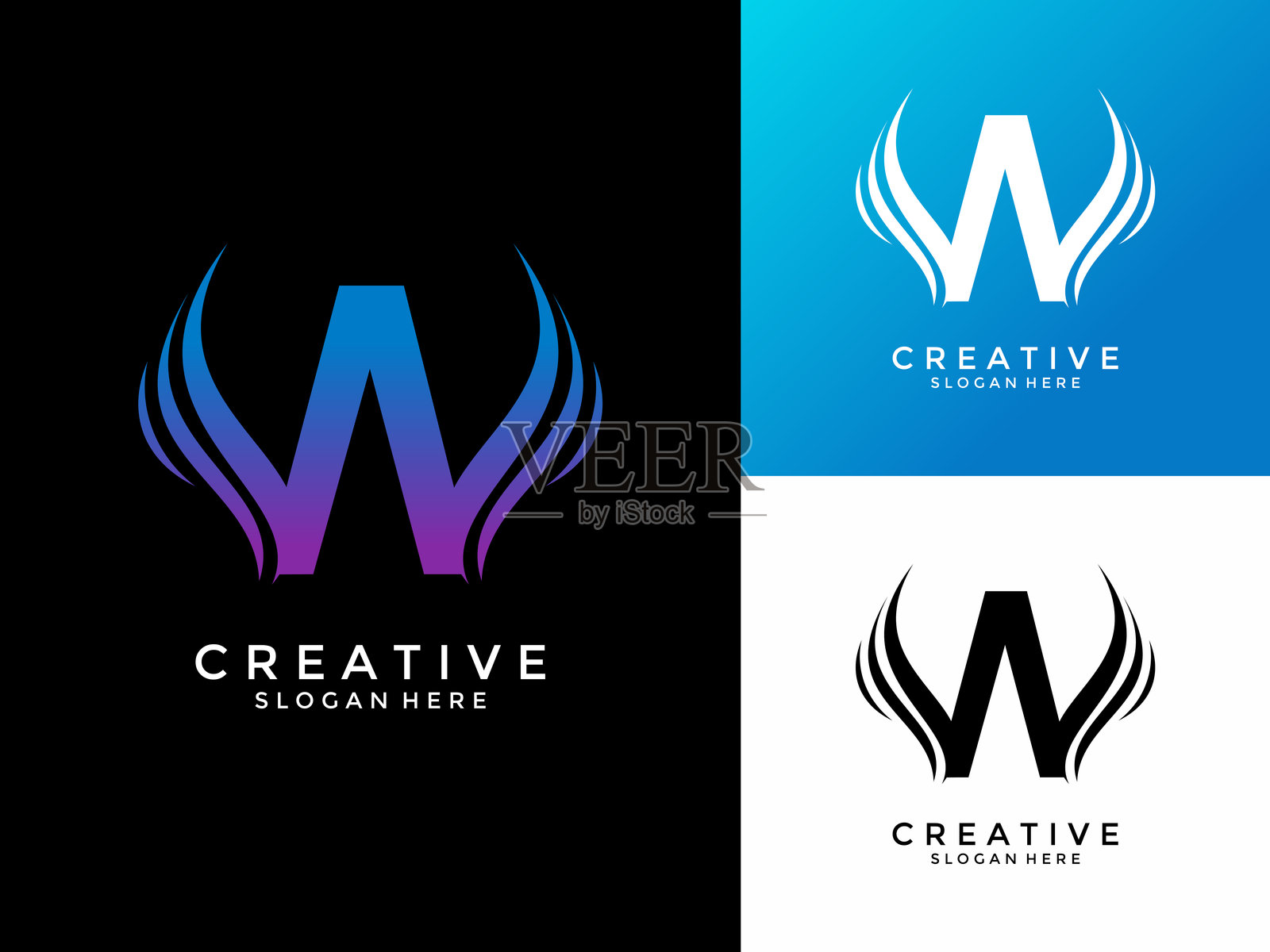 字母W专业logo，适用于各种业务，带有弯曲线或翅膀的字母W logo设计矢量模板插画图片素材