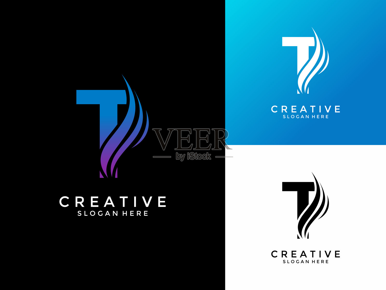 字母T专业logo，适用于各种业务，带有弯曲线或翅膀的字母T logo设计矢量模板插画图片素材