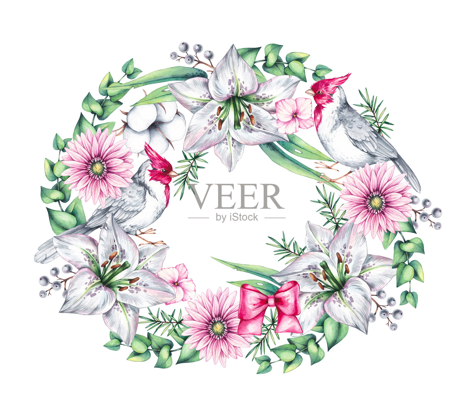 水彩植物花环，包含花朵和鸟类插画图片素材