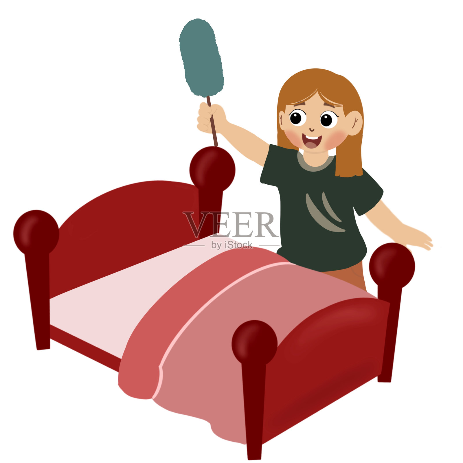 快乐可爱的女孩在做家务，整理床铺。孩子在铺床。插画图片素材