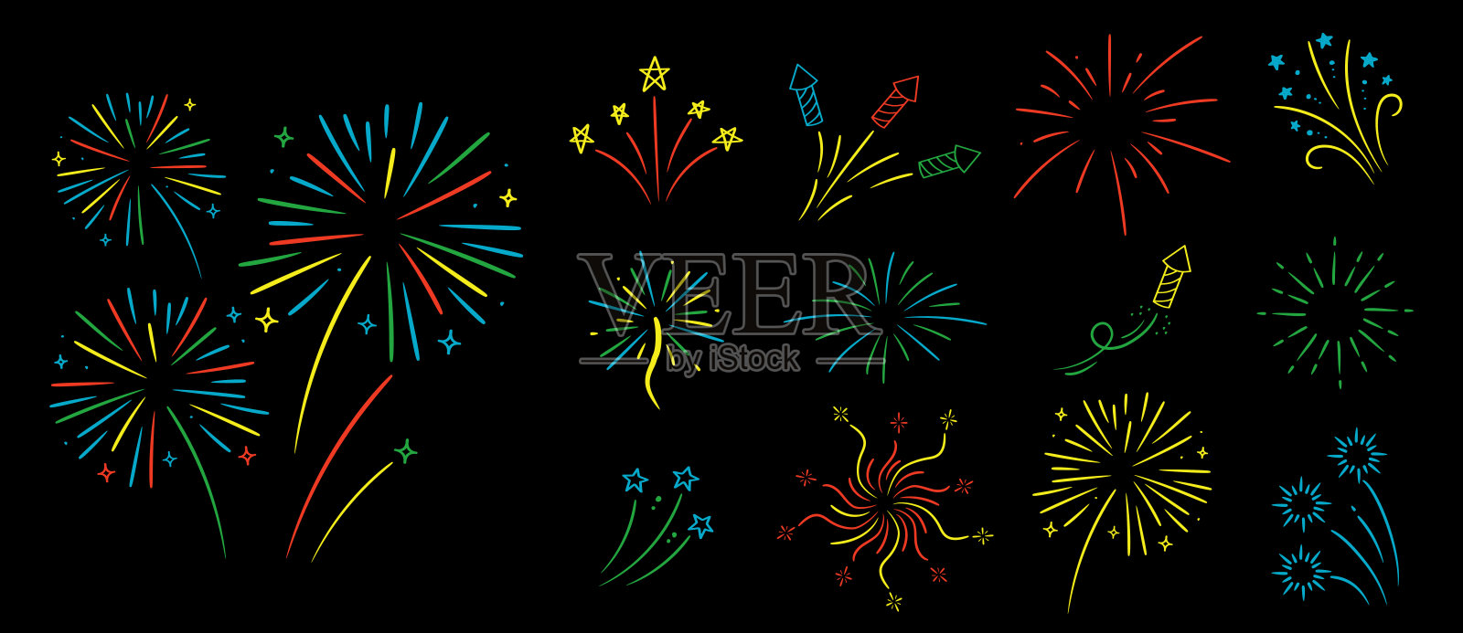 黑色背景上的烟花与星星和火花。节日五彩缤纷的烟花。假日矢量图集。插画图片素材