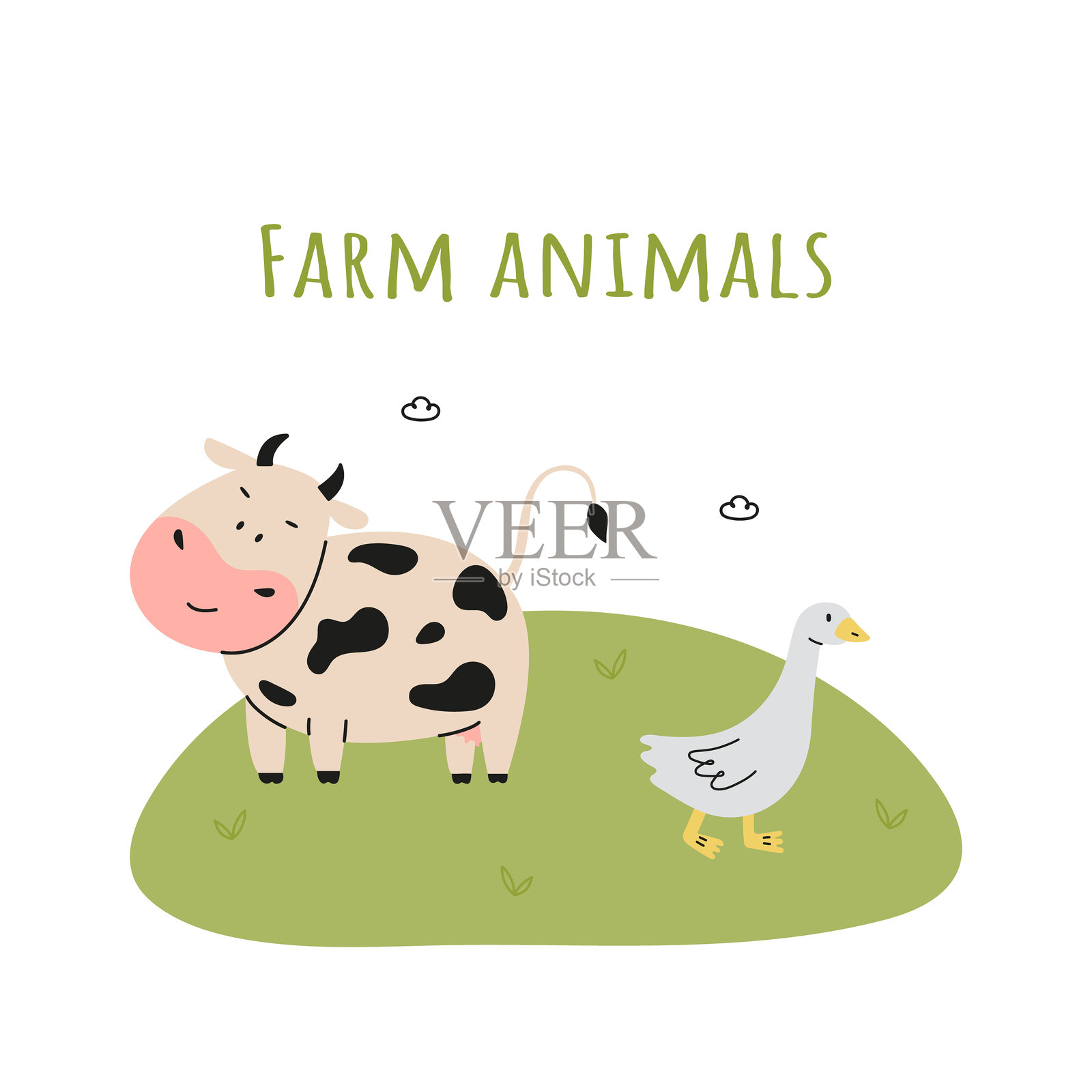儿童插图，包含可爱的农场动物，适合婴儿的印刷品。农场风景，有奶牛和鹅。适用于儿童海报、明信片、纺织品和印刷品的矢量背景。插画图片素材
