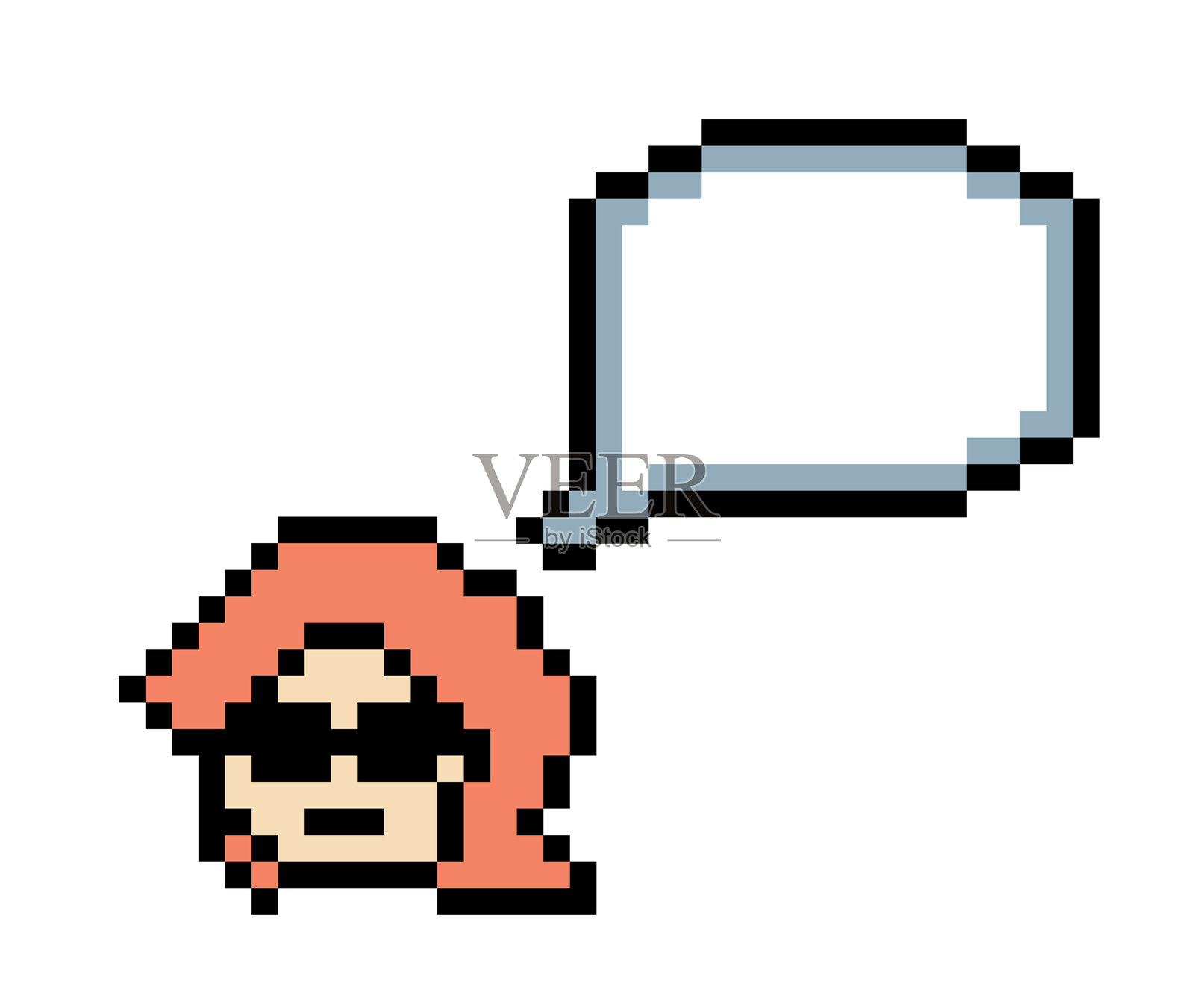 可爱的卡通女性角色面孔，带有聊天框装饰，像素风格的8位女孩在讨论想法，卡通像素游戏矢量图。插画图片素材