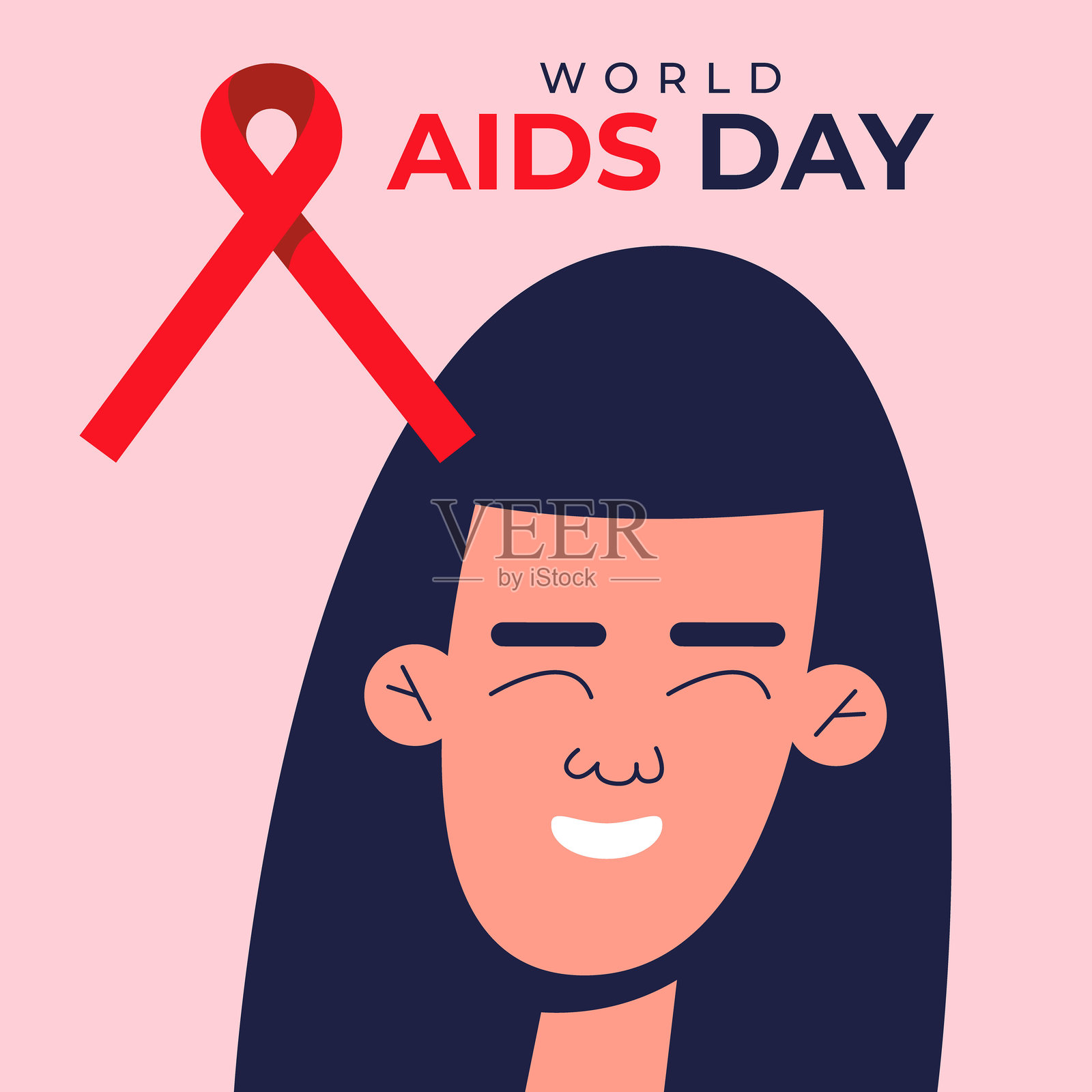 红色丝带标志和微笑的女孩。插画图片素材