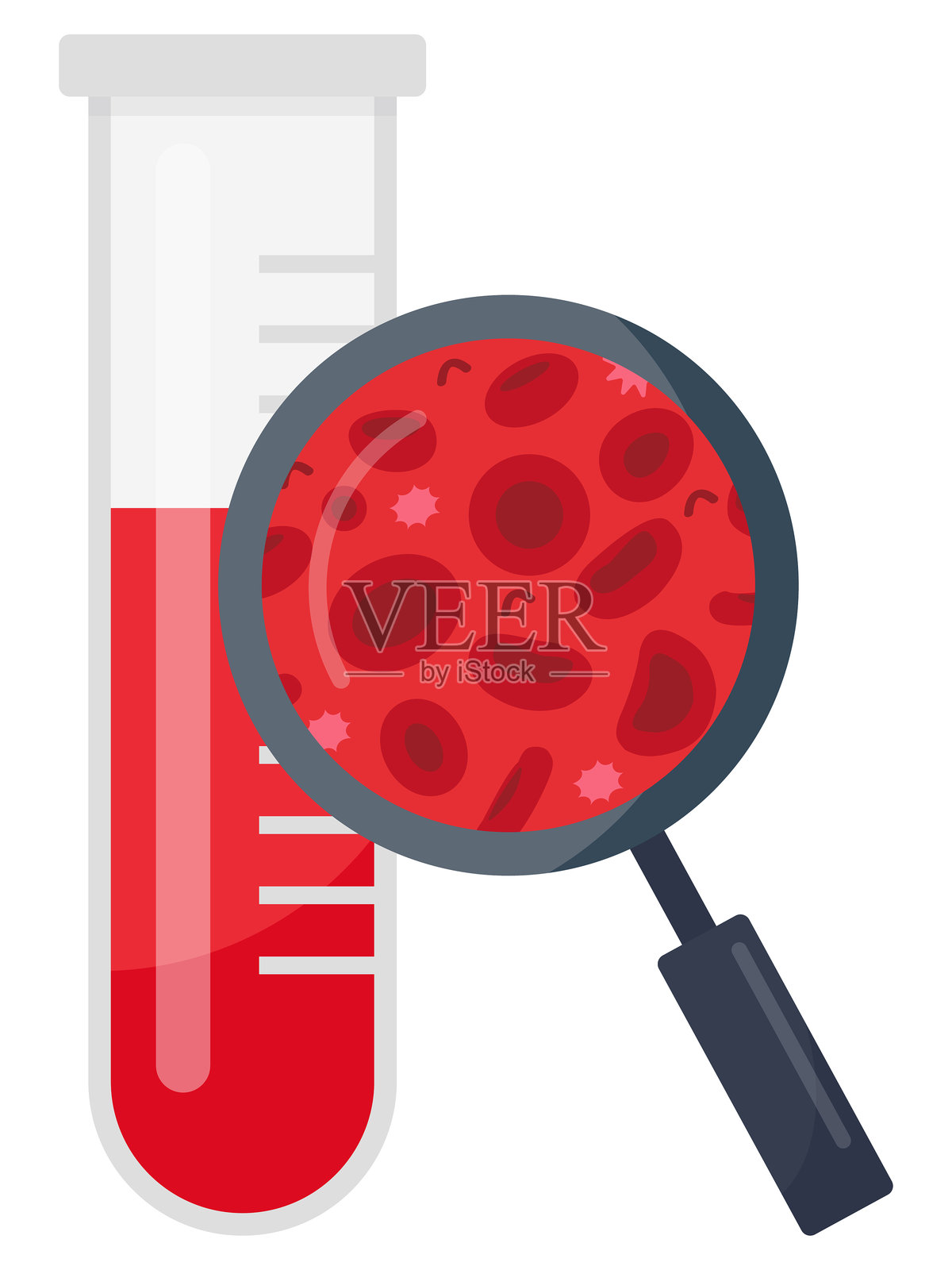 血液实验室。血液学概念，带有红细胞的试管实验分析，血液试管和在放大镜下的血细胞。插画图片素材