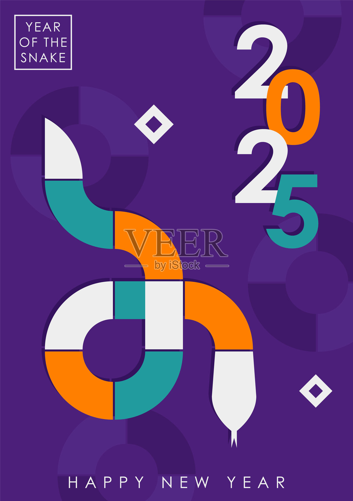 2025年蛇年现代几何卡片和海报设计模板，带有抽象蛇形图案插画图片素材