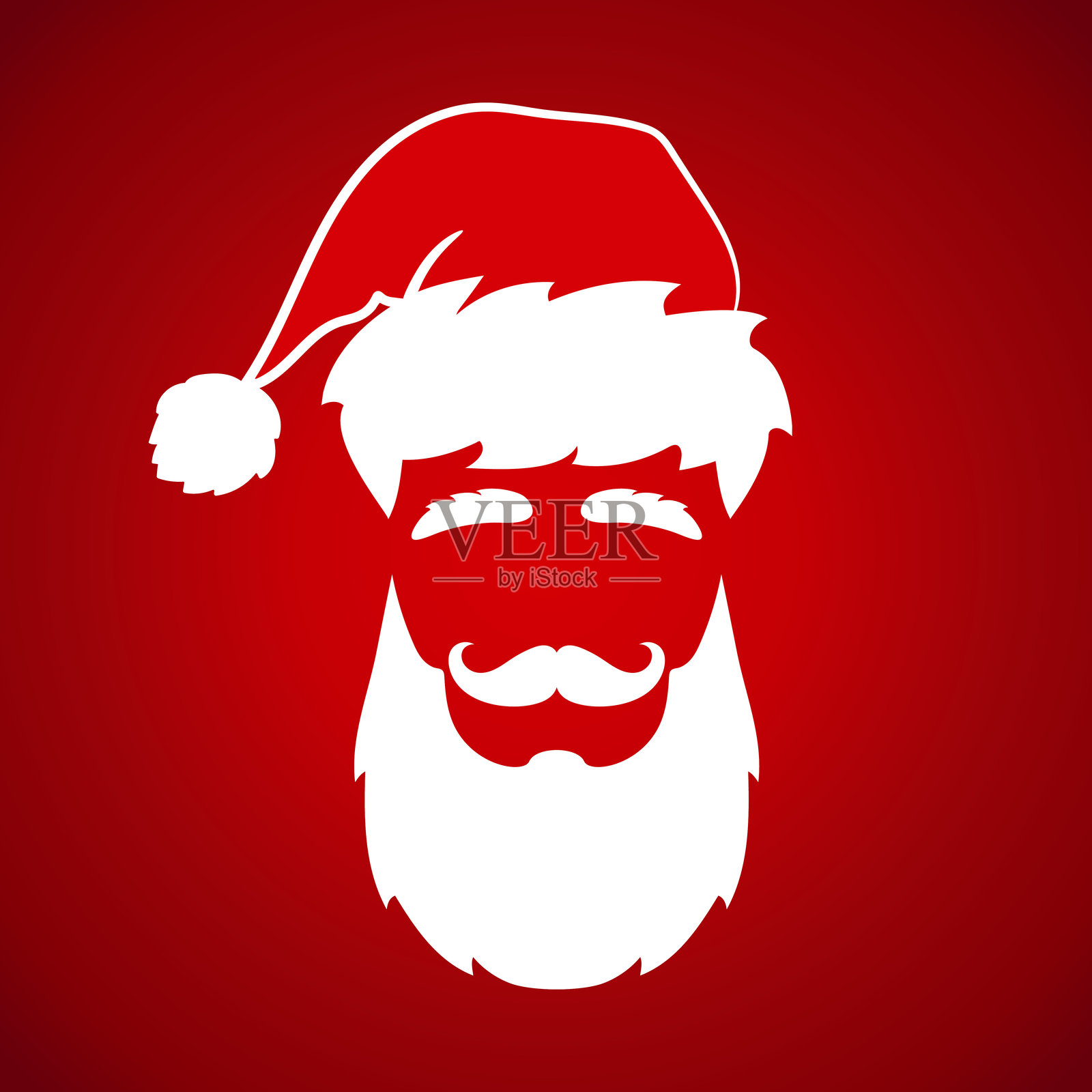 圣诞老人面孔轮廓。红色背景上的圣诞帽、胡须、眉毛和胡子。矢量插图插画图片素材