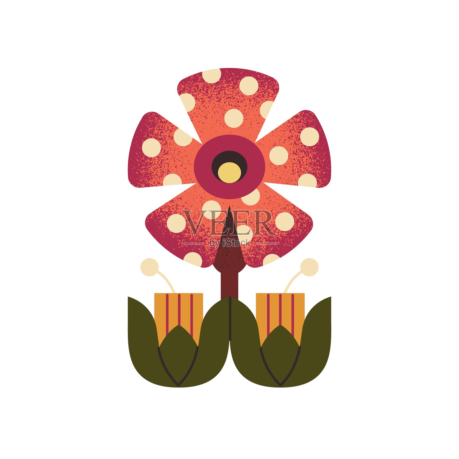 风格化的几何花朵，带有斑点花瓣。奇特的野花，叶子形状不规则。盛开的植物图标。现代抽象花卉装饰。白色背景上的平面独立矢量插图。插画图片素材