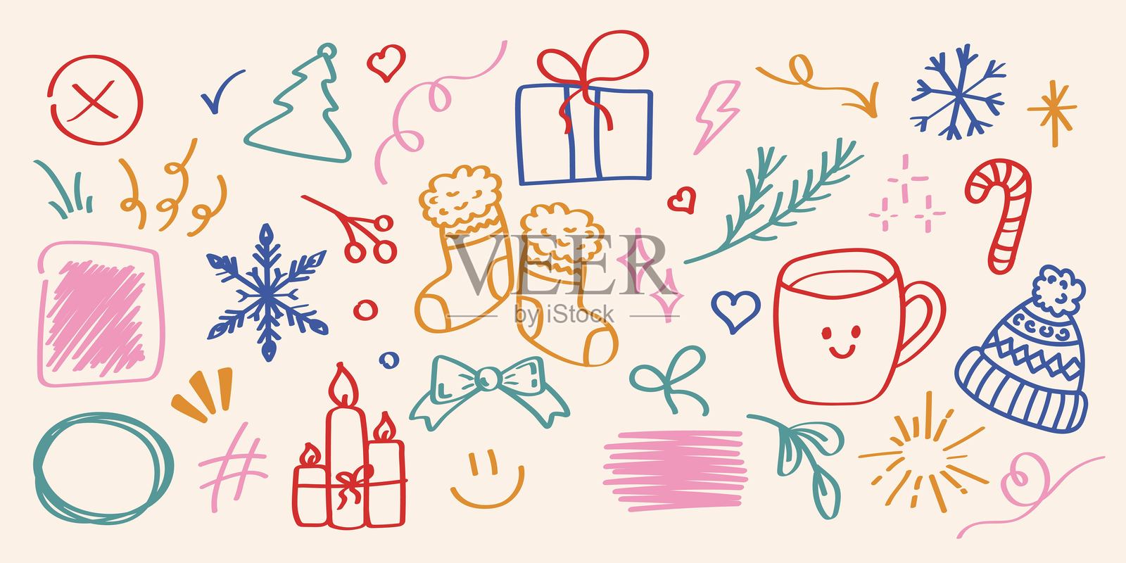 可爱的新年物品涂鸦集合。插画图片素材