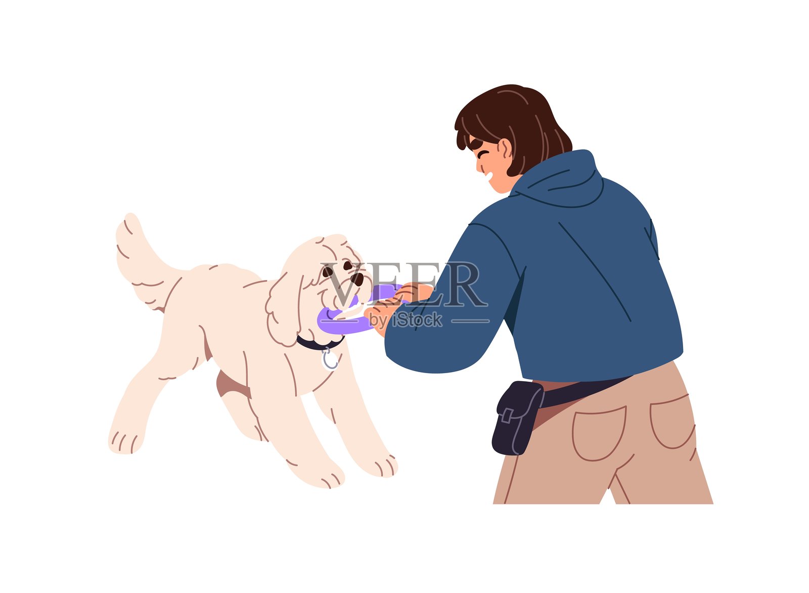 快乐的主人与可爱的狗狗一起玩耍。宠物保姆与小狗玩耍，拉扯玩具。人正在与狗狗训练敏捷练习和服从指令。白色背景上的平面孤立矢量插图。插画图片素材
