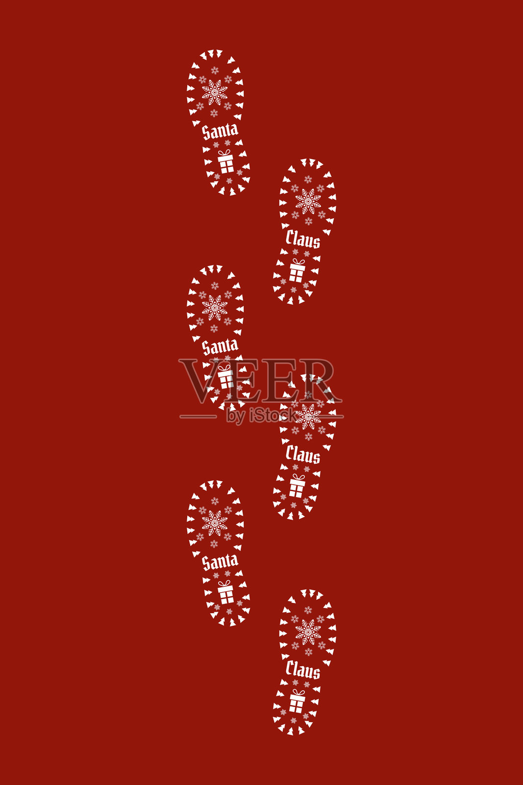 圣诞老人脚印。圣诞节，新年，礼物和奇迹。圣诞老人雪地里的鞋印。带有礼物和雪花的圣诞老人脚印。插画图片素材