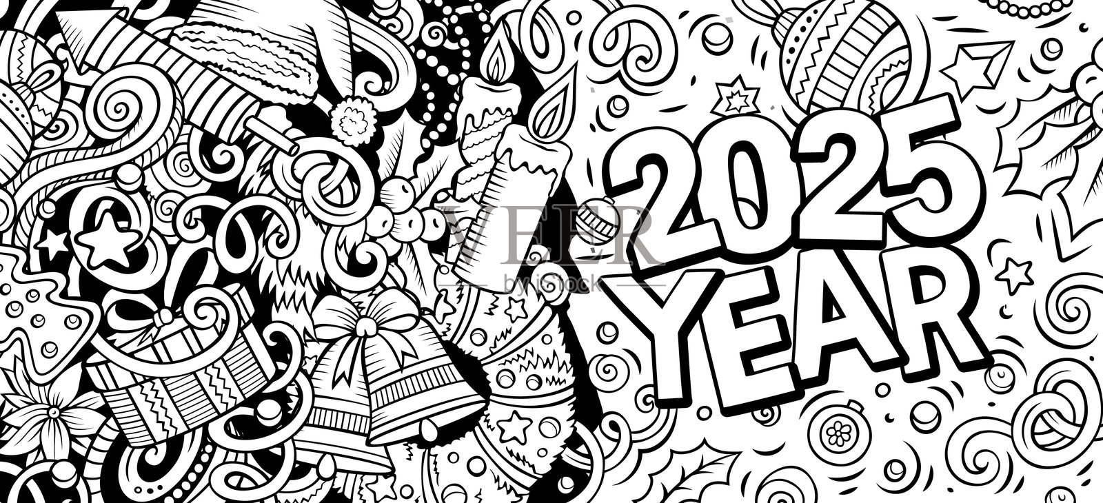2025涂鸦横向插图。新年物品和元素横幅插画图片素材