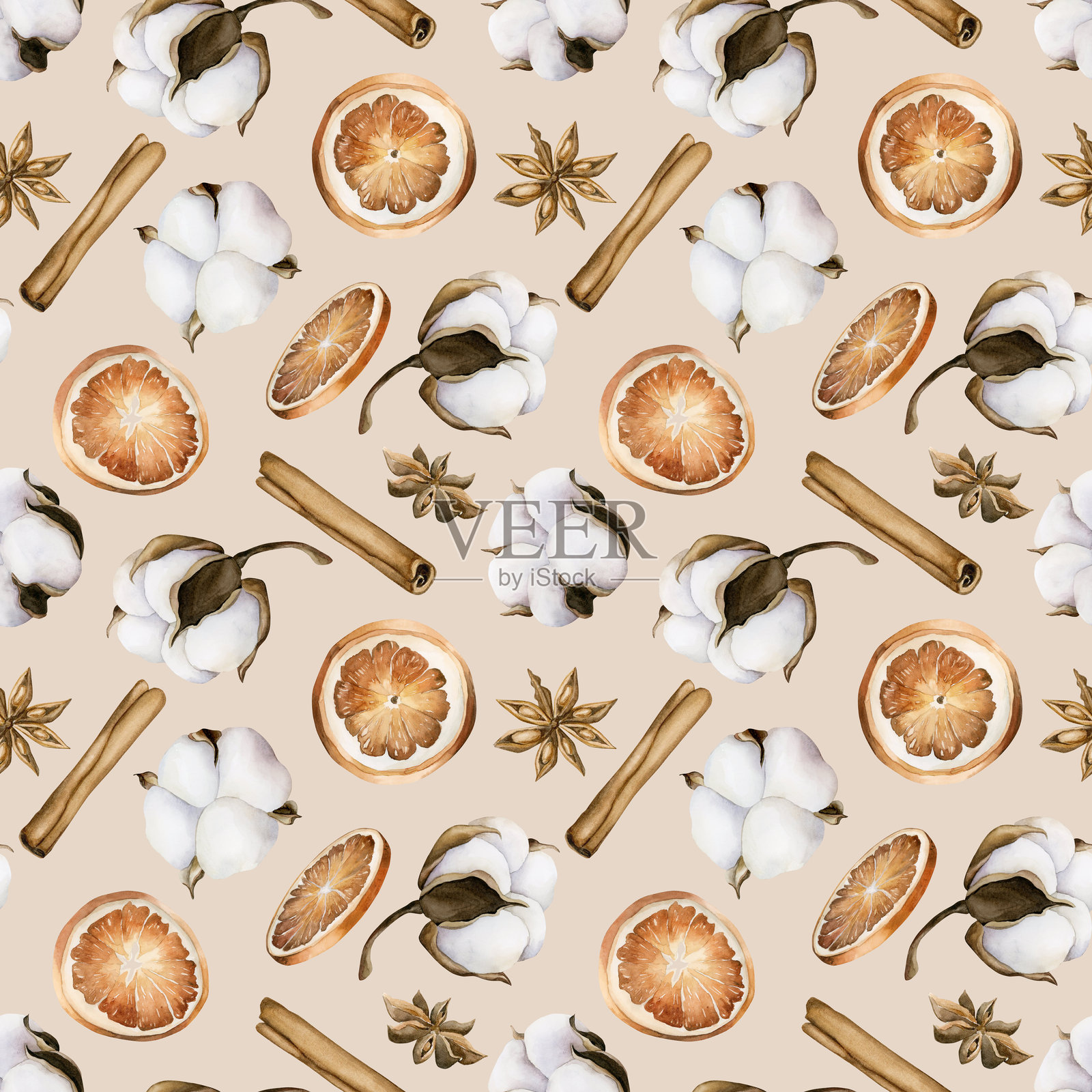 冬季米色背景上的棉花、橙子片、肉桂棒和八角星的水彩花卉无缝图案插画图片素材