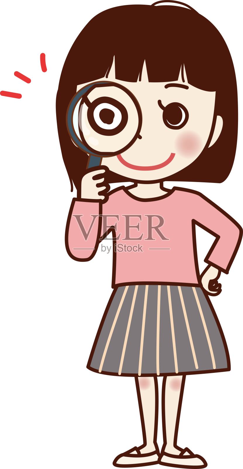 一位年轻女性正在用放大镜观察。插画图片素材