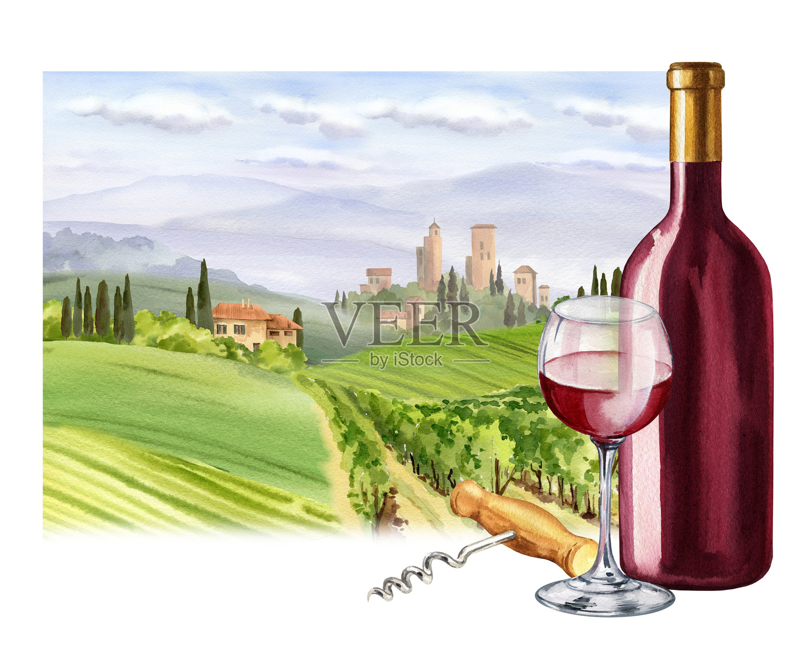 水彩画红酒瓶、酒杯、开瓶器，背景是意大利乡村风景，有塔楼和农场、柏树和灌木，手绘的托斯卡纳主题插图，饮品的描绘。插画图片素材