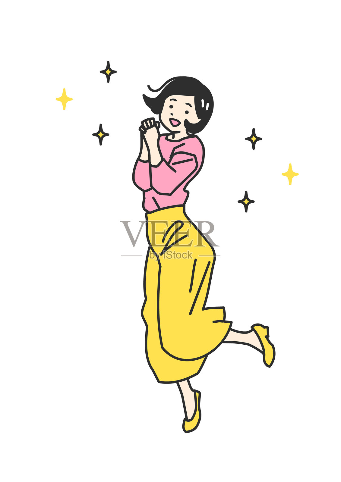 一个简单的插图，描绘了一位女性欢快地跳跃。插画图片素材