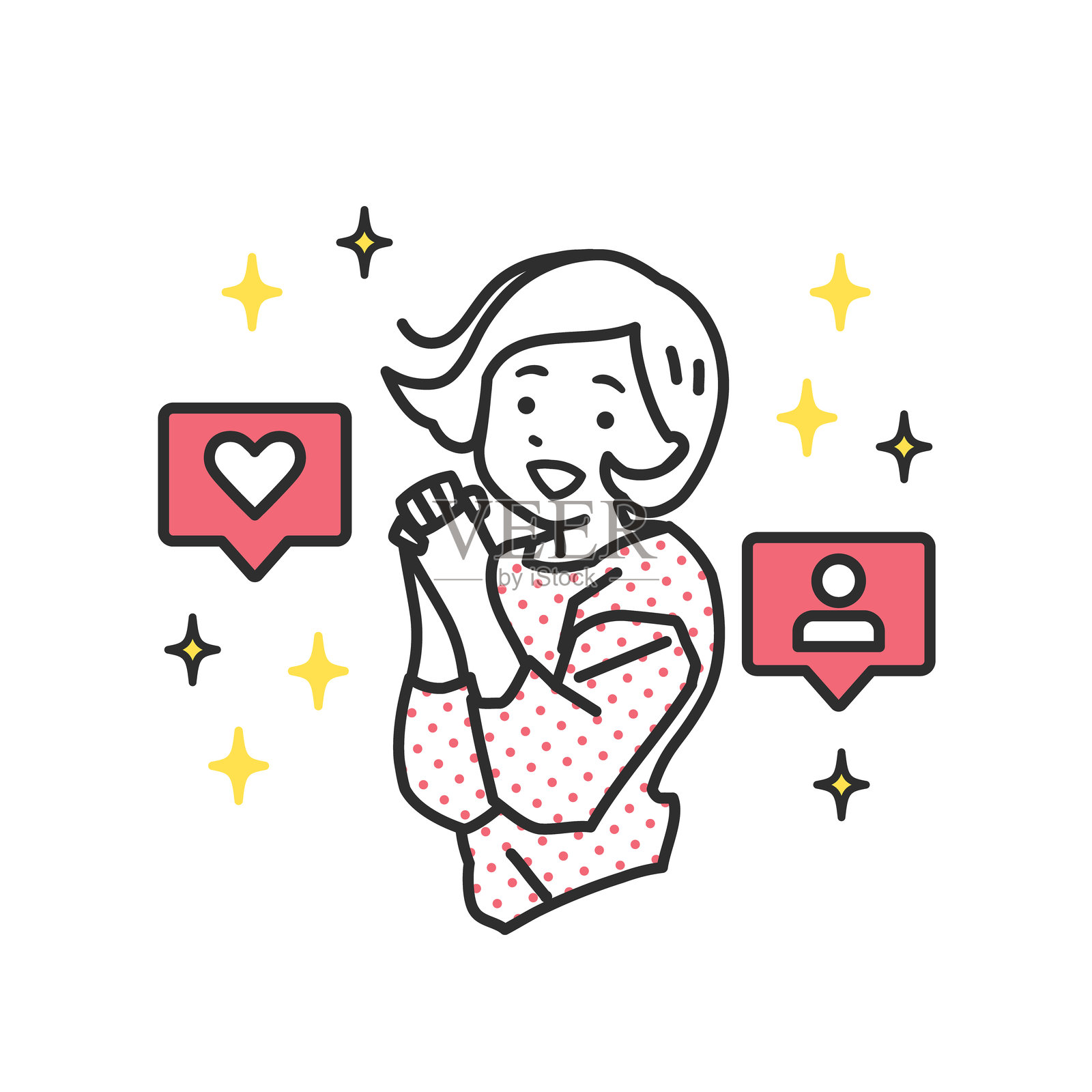 一个简单的插图，描绘了一位女性欢快地跳跃。插画图片素材