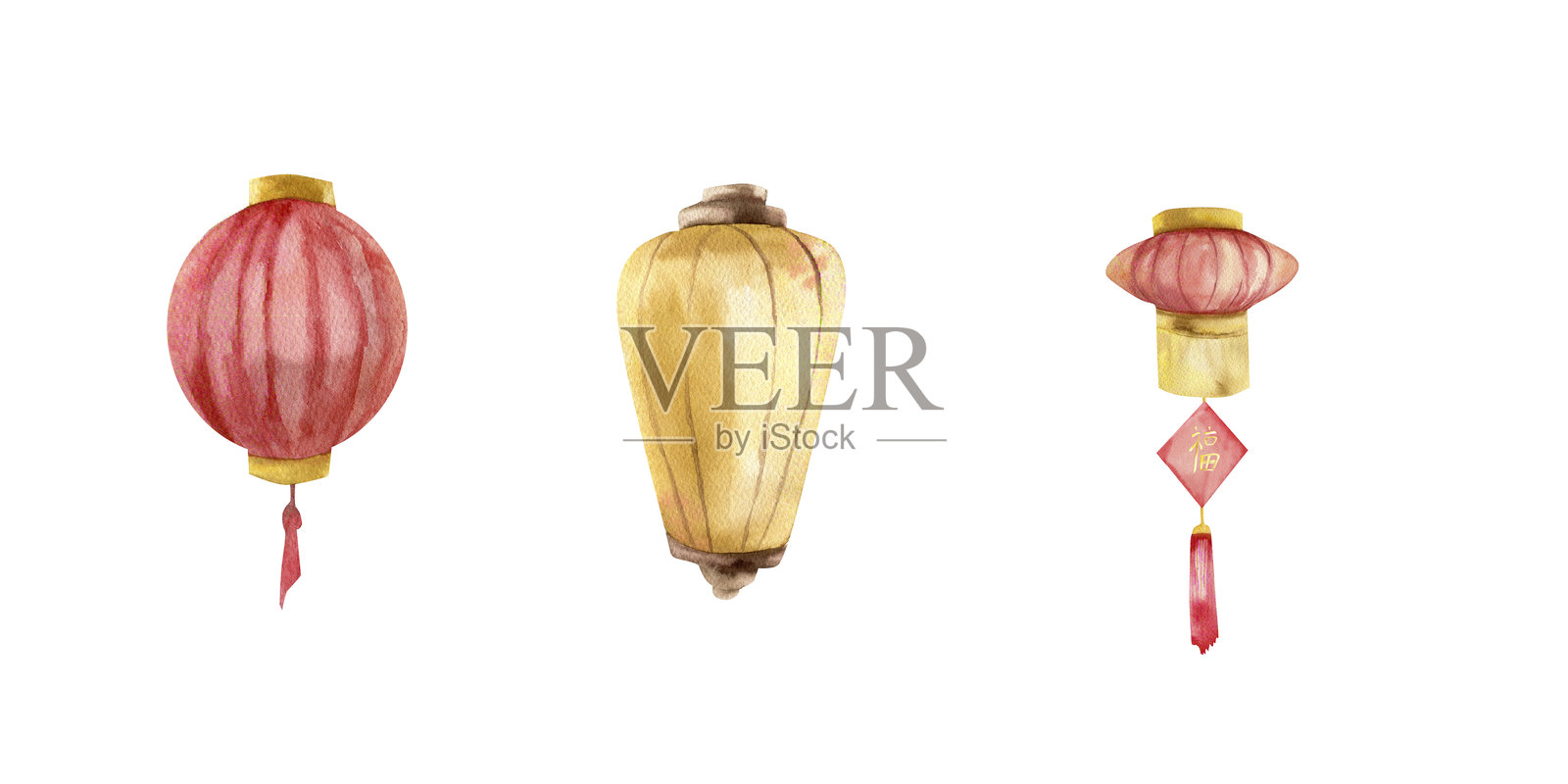 中国和韩国传统户外灯水彩插图。适用于春节庆祝、农历新年季节礼品包装、包装纸和墙纸、贴纸设计的亚洲节日装饰。插画图片素材