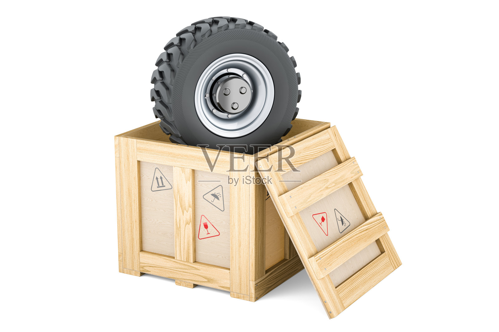 木箱内的卡车轮子，配送概念。3D渲染照片摄影图片