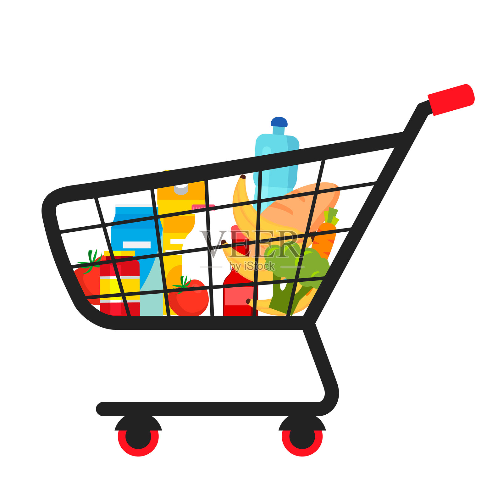 超市购物车与产品的矢量插图。购买食品。商店、市场、杂货店购物车。产品购买。健康饮食，营养。插画图片素材