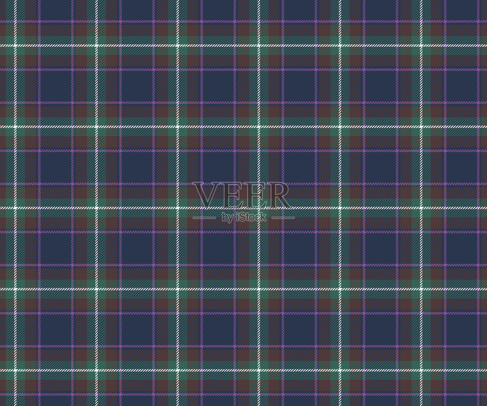 格子布料图案，蓝色、棕色、绿色、白色、紫色，适用于纺织品和设计裙子、裤子、围裙、桌布、毯子或装饰。矢量插图。插画图片素材