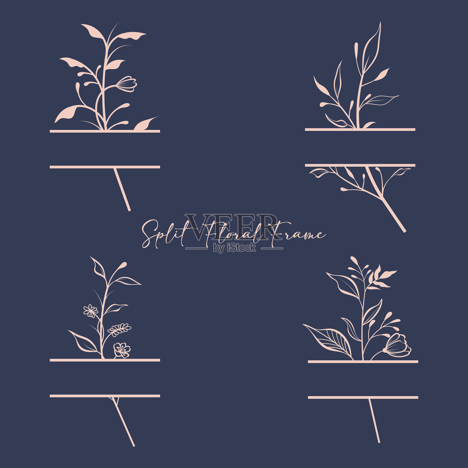 手绘花卉和叶子的框架矢量集。分割花卉框架。插画图片素材