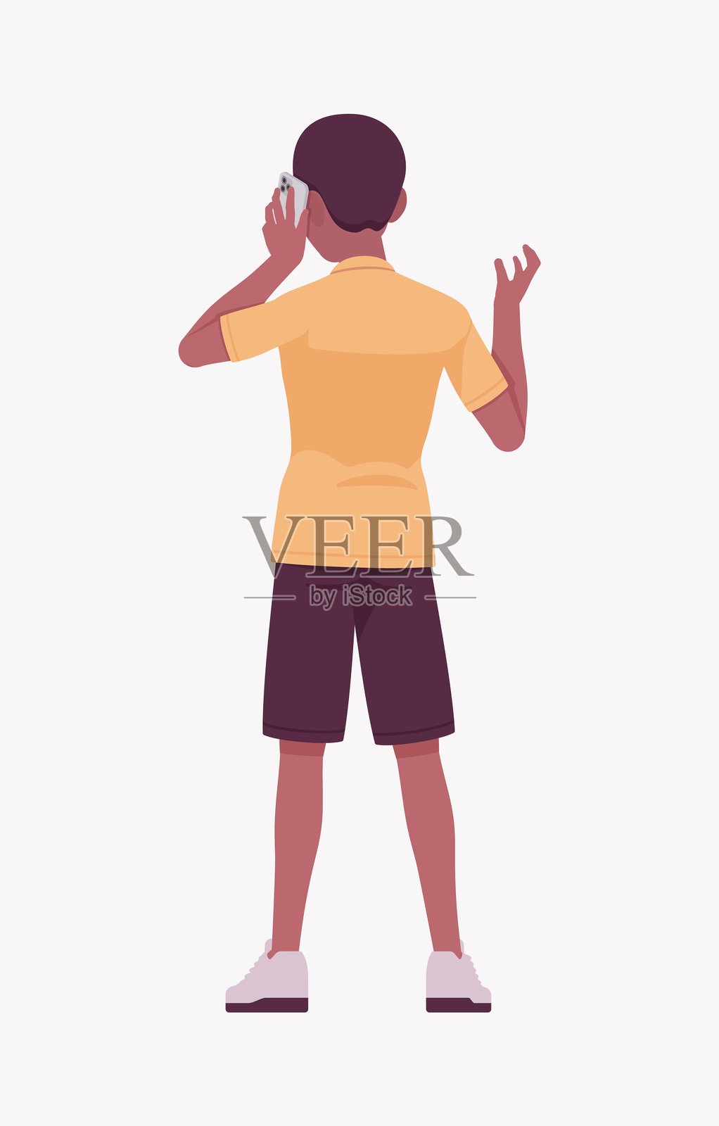 穿着 polo 衫和短裤的深肤色男子在打电话，背影。插画图片素材