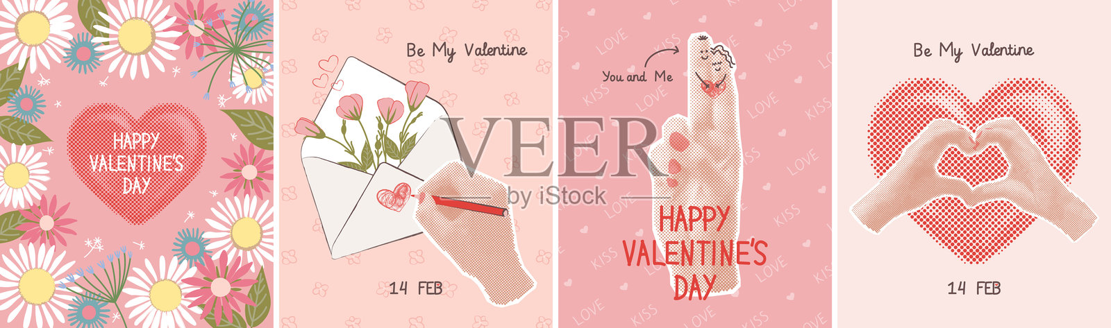 半色调拼贴甜蜜的情人节贺卡合集。心形、手、信件、花朵。手绘矢量图。插画图片素材