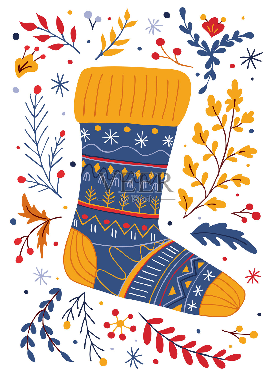 圣诞袜上有图案，周围环绕着季节性植物和节日元素插画图片素材