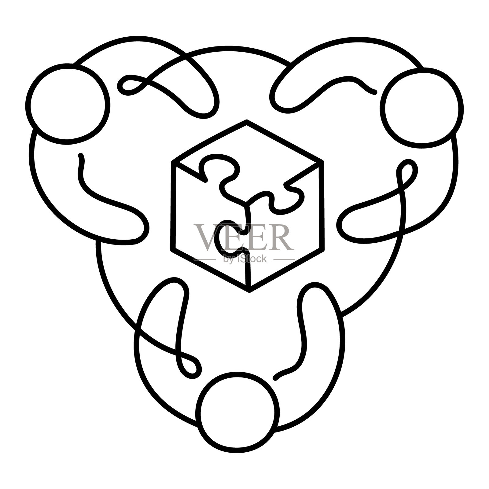 问题解决网络图标 - 三个人围成一个圈，手持拼图块，强调团队合作寻找解决方案插画图片素材