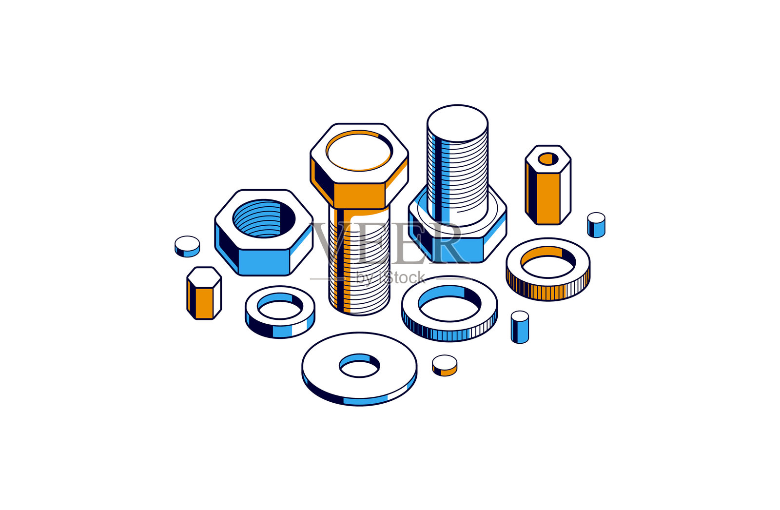 螺栓和螺母的三维等距矢量图集，维修和保养服务概念。插画图片素材