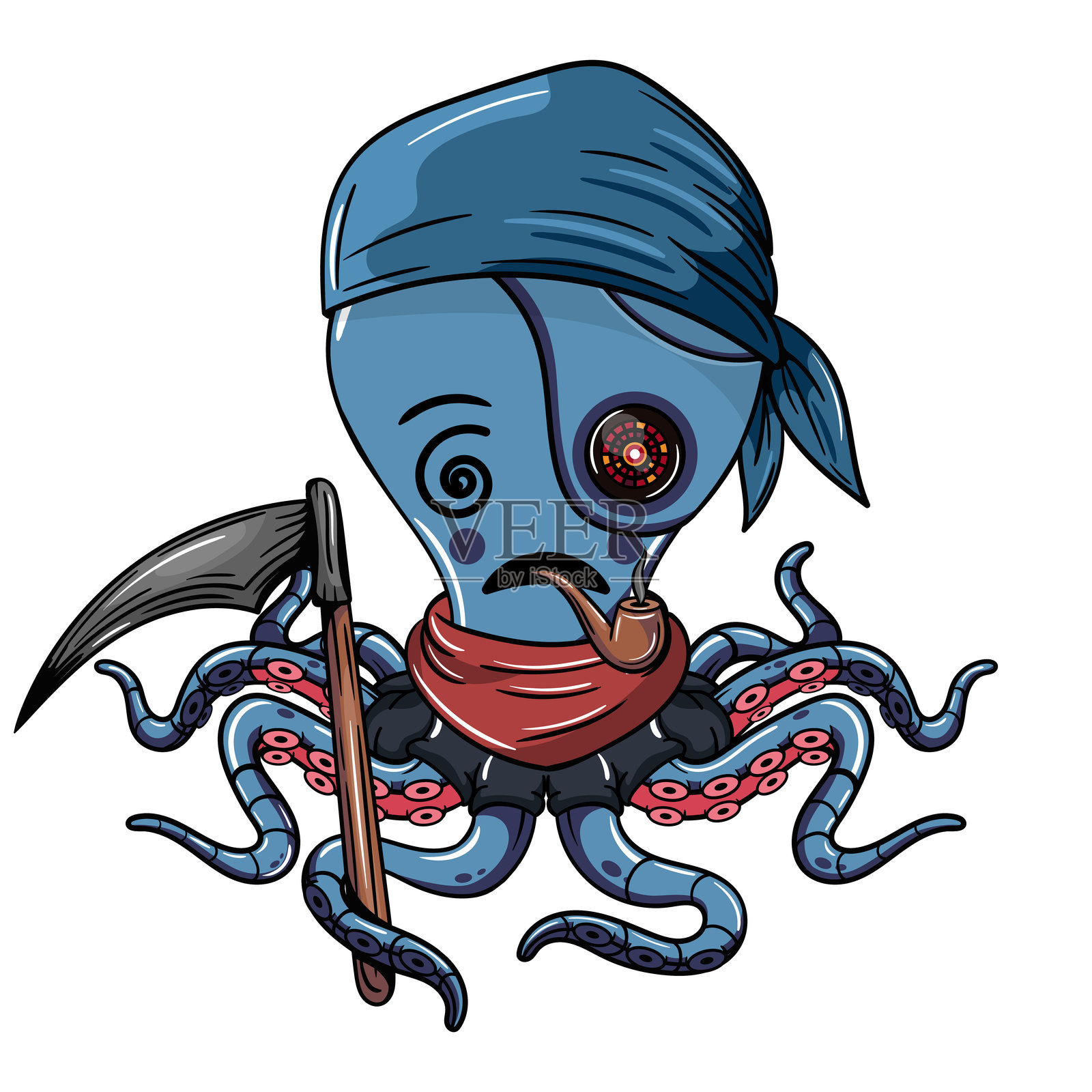 一个卡通章鱼海盗，带着一个机械眼，戴着头巾，抽着烟斗，面露悲伤，手持镰刀。适用于奇幻、科幻和冒险漫画的插图。插画图片素材