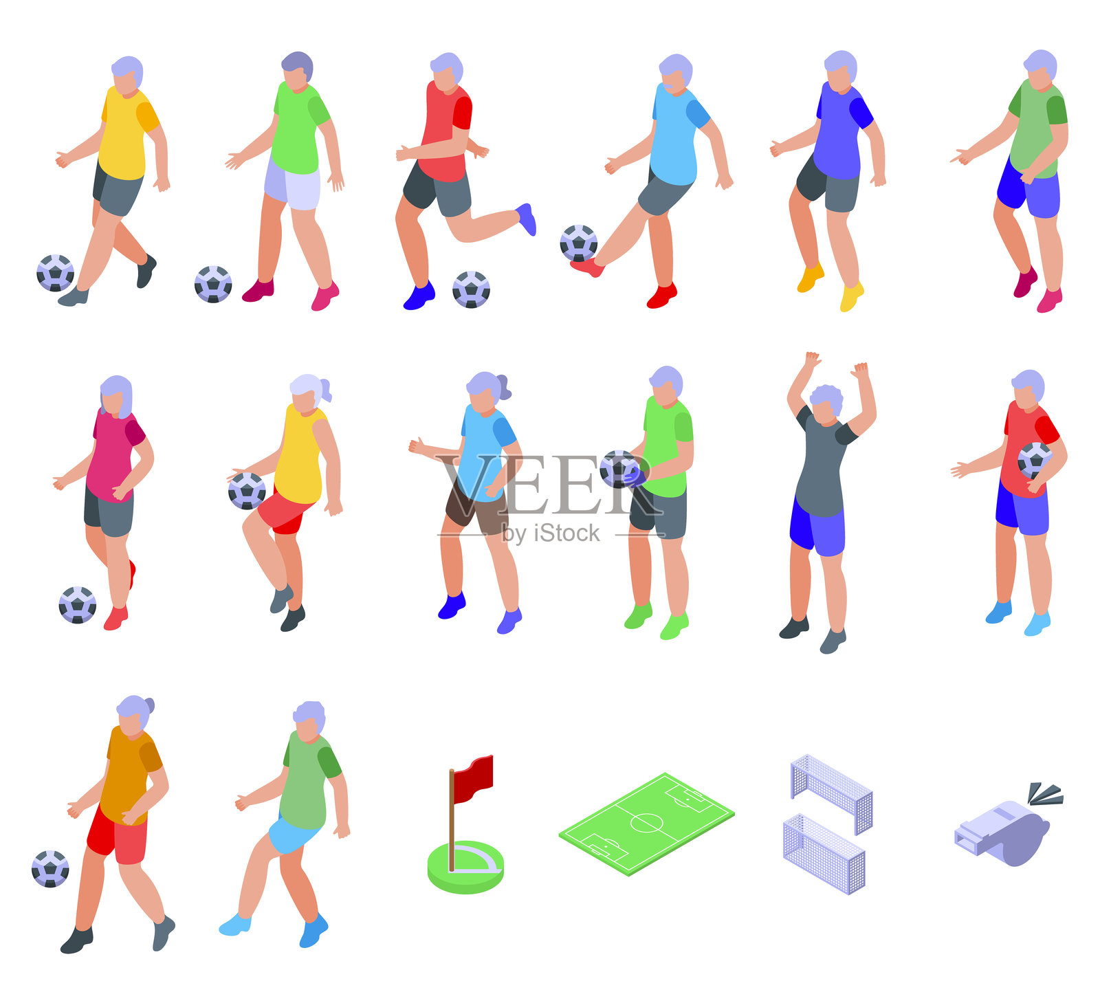 老年人踢足球图标集等距向量图。足球运动插画图片素材