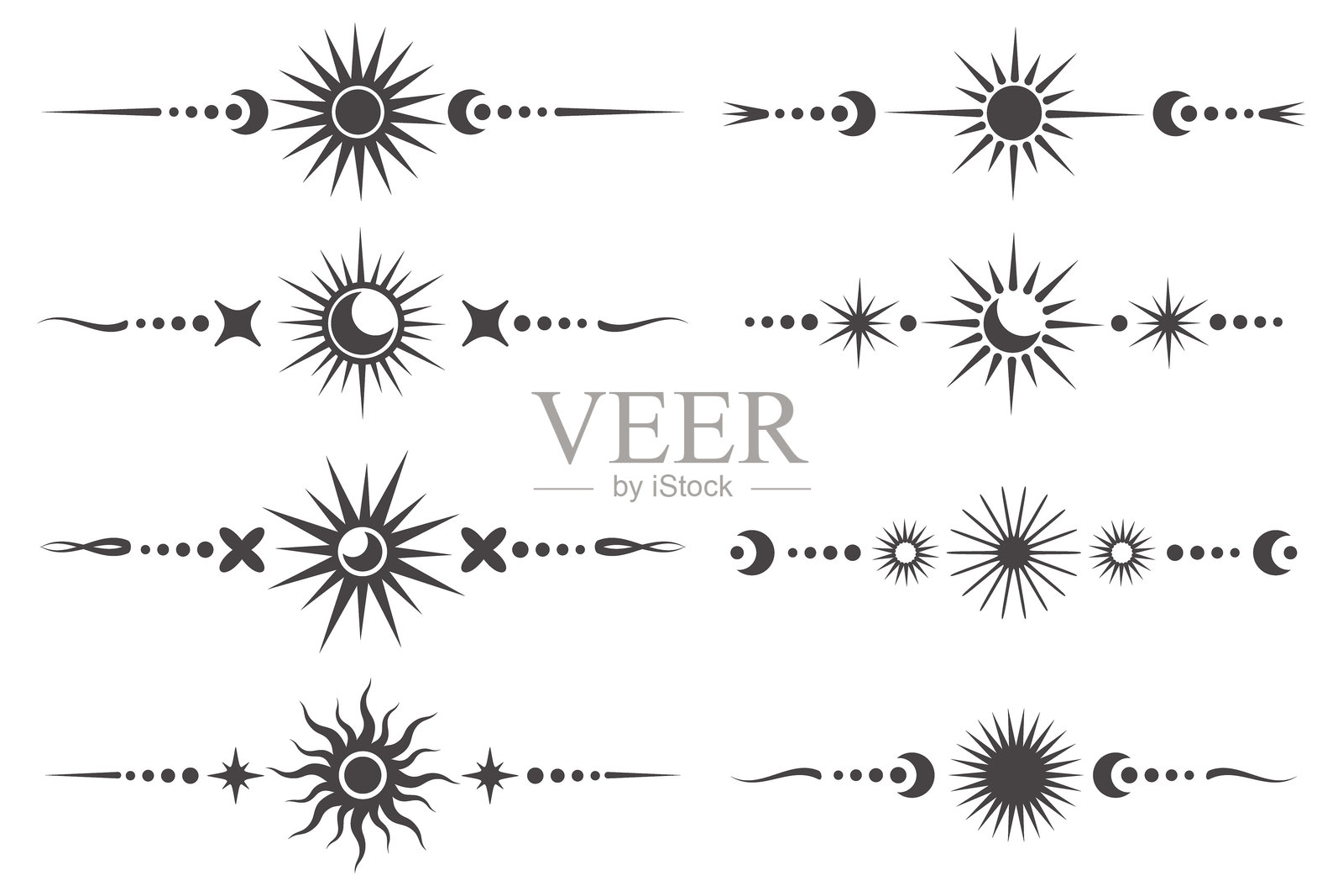 带有魔法月亮和神秘星星的天体边框。具有幻想元素的精神框架。带有太阳精神符号的矢量占星装饰。神秘复古的极简装饰。插画图片素材