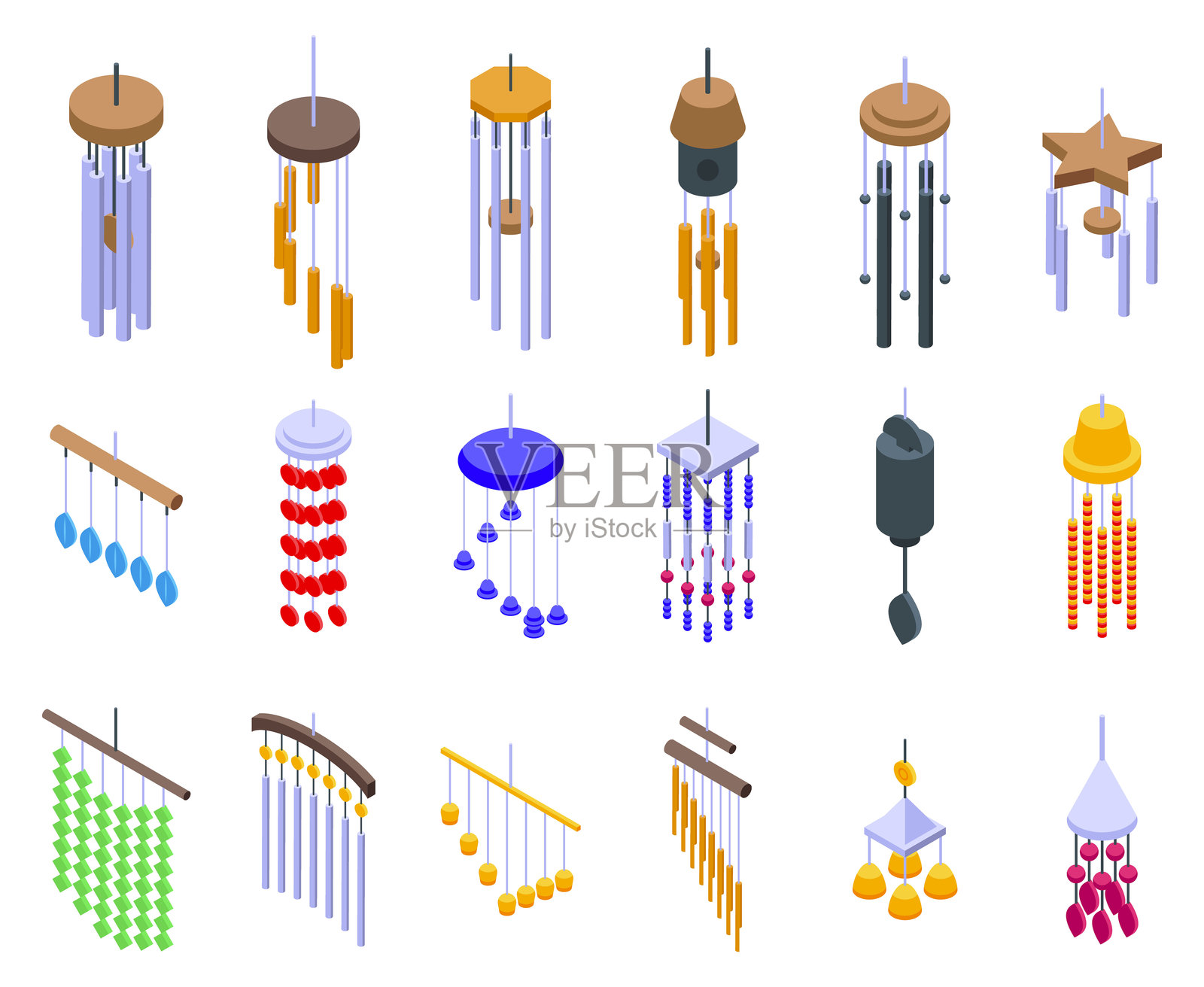 风铃图标集等距矢量图。金色装饰插画图片素材