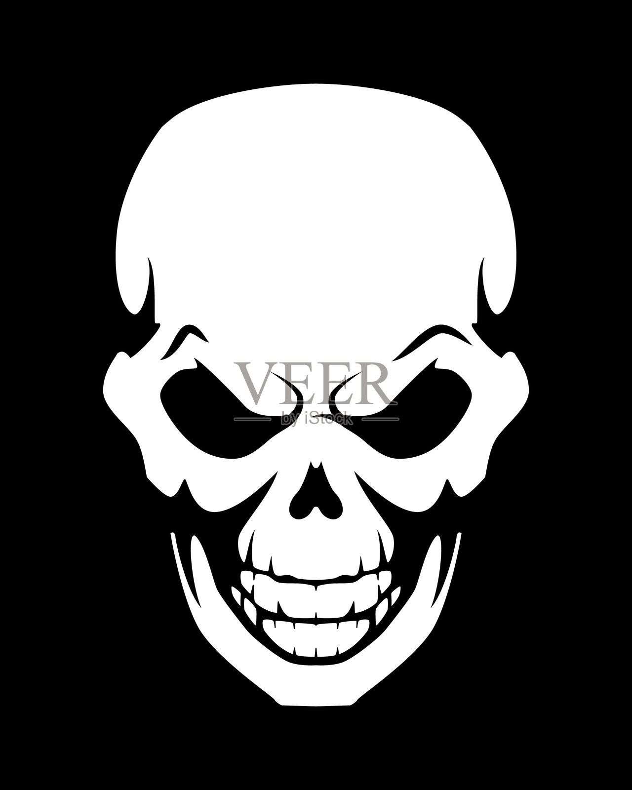 人类头骨，黑白矢量纹身插图，独立于黑色背景上插画图片素材