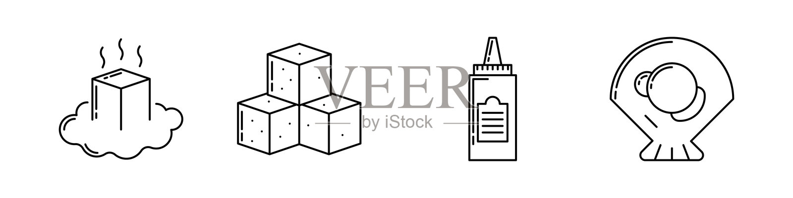 四个线条图标：融化的糖块、糖块、芥末瓶和保护地球插画图片素材