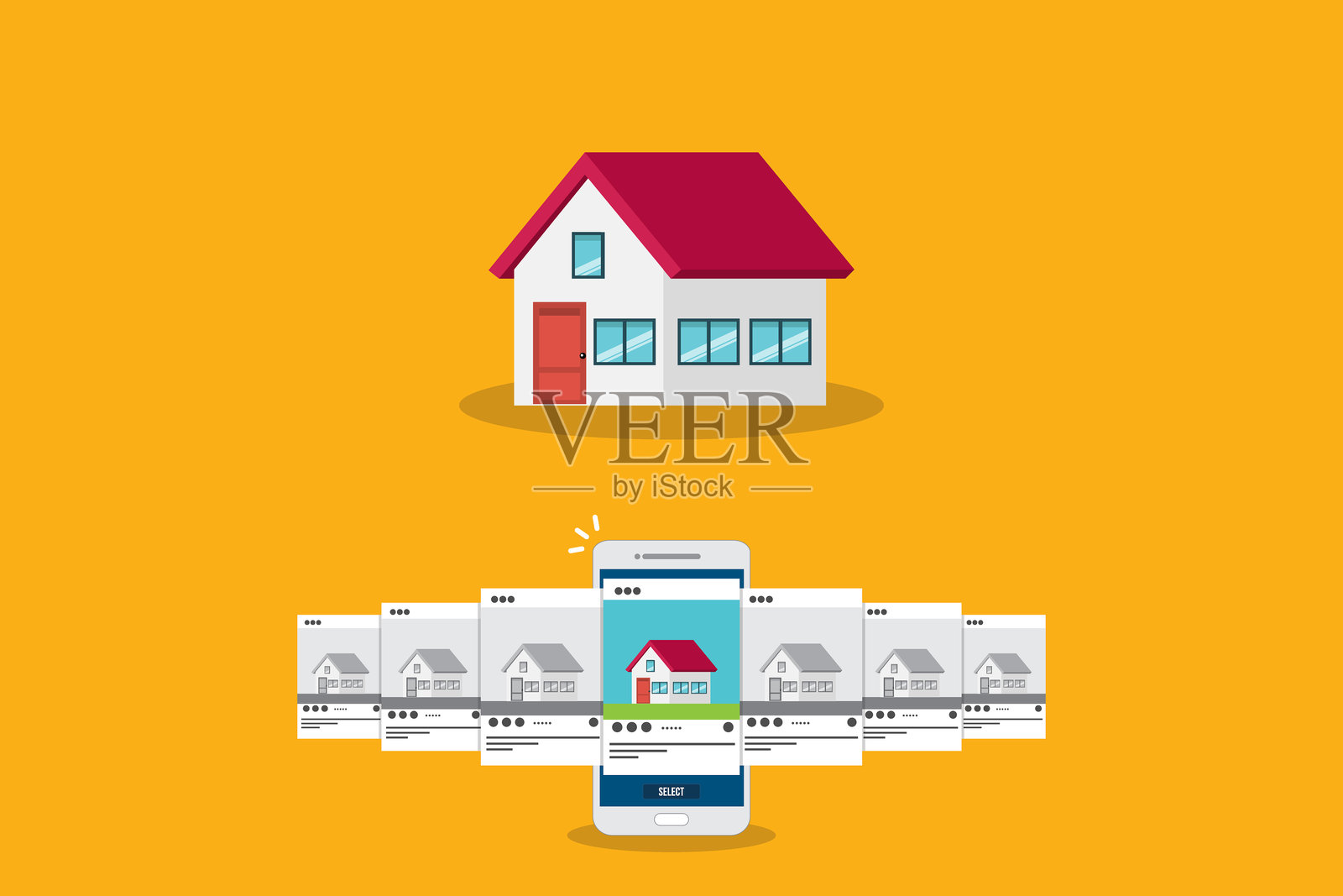 出租房屋。智能手机应用程序，带有房屋图标，出租或出售的房屋，房屋选择概念，扁平风格矢量插图。插画图片素材