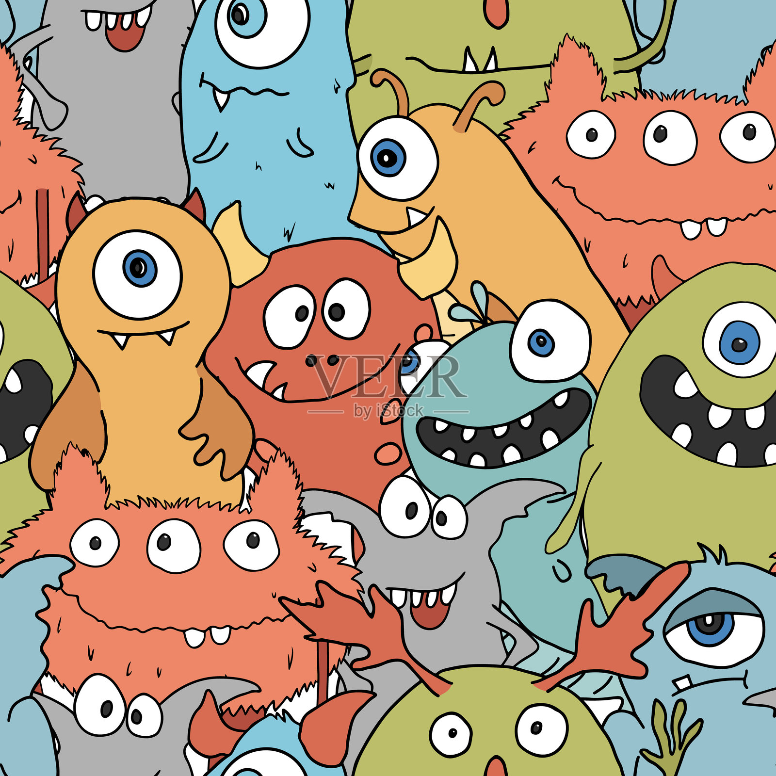 可爱怪兽无缝图案。卡通怪兽背景。矢量插图插画图片素材