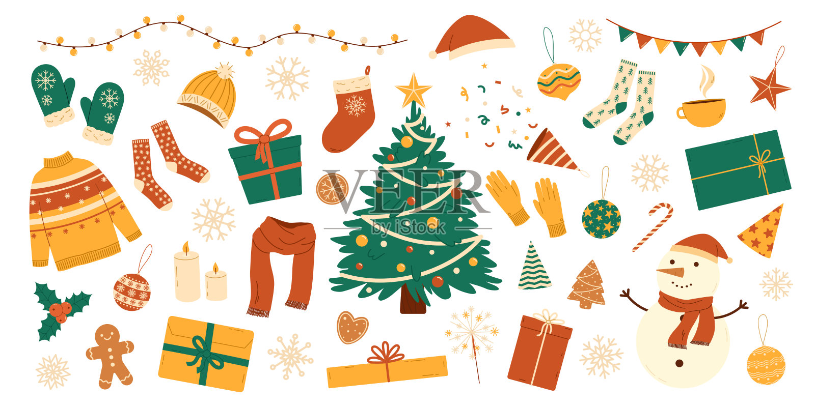 圣诞节和新年物品套装。传统冬季元素和装饰的集合。圣诞树、雪人、礼物和衣物。平面矢量孤立插图。插画图片素材