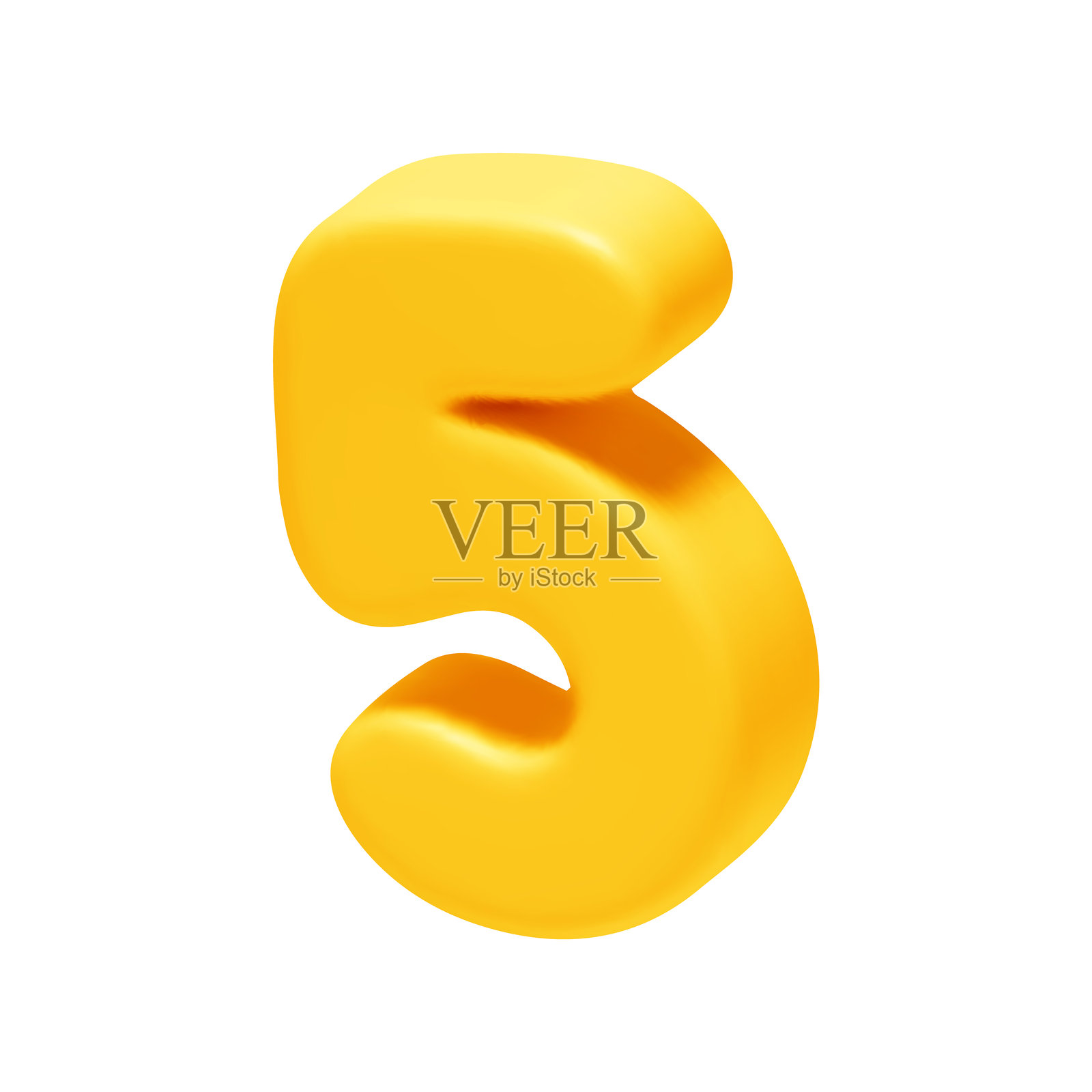 数字5。五个数字标志，黄色。卡通风格的逼真3D设计。白色背景上独立展示。矢量插图。插画图片素材