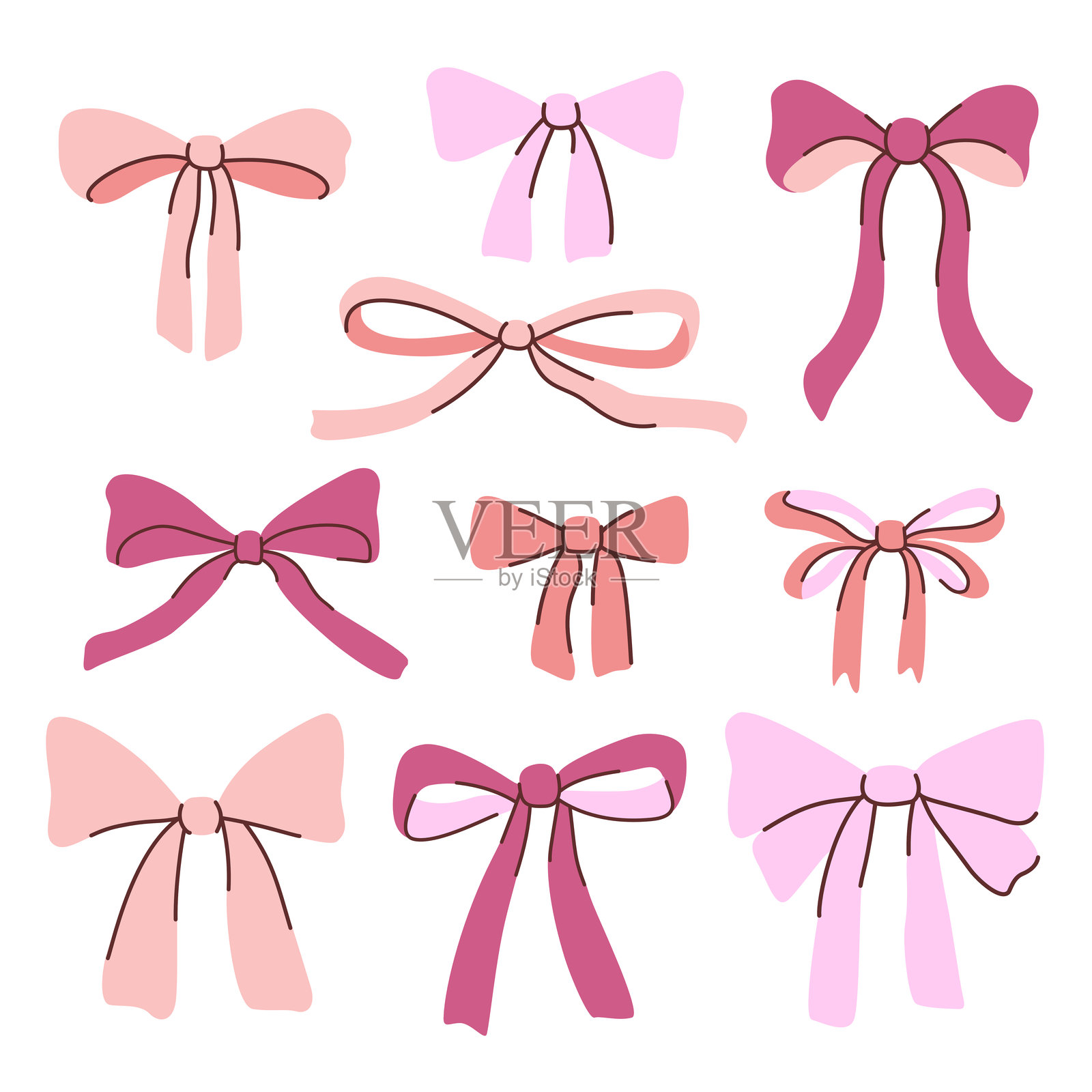 一组娇媚的粉色丝带蝴蝶结。手绘的现代矢量插图，适用于装饰和设计。插画图片素材